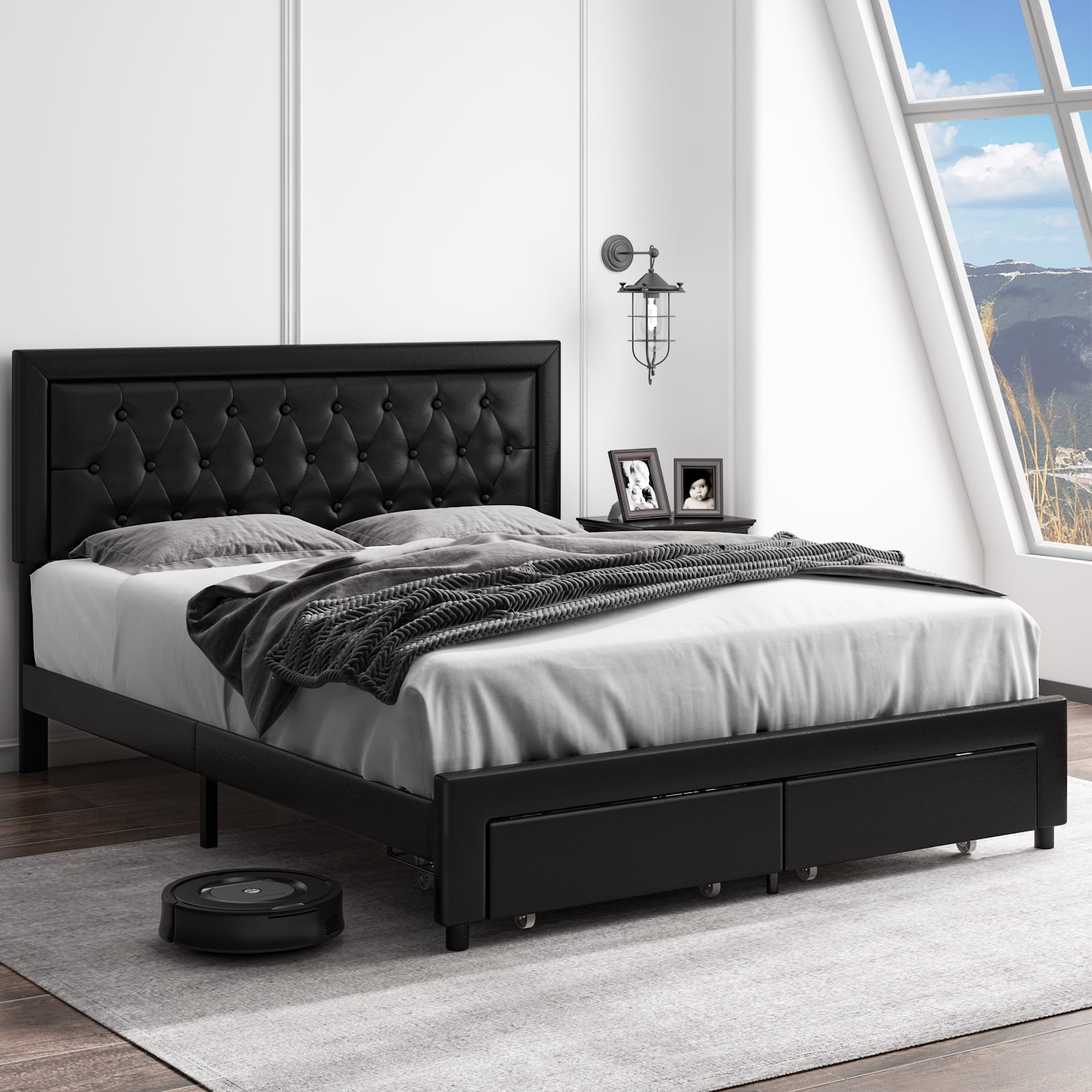Homfa Queen Size 2 Drawers Bed Frame, PU Leather Upholstered Platform Bed with Adjustable Button Headboard, Black - Image 3