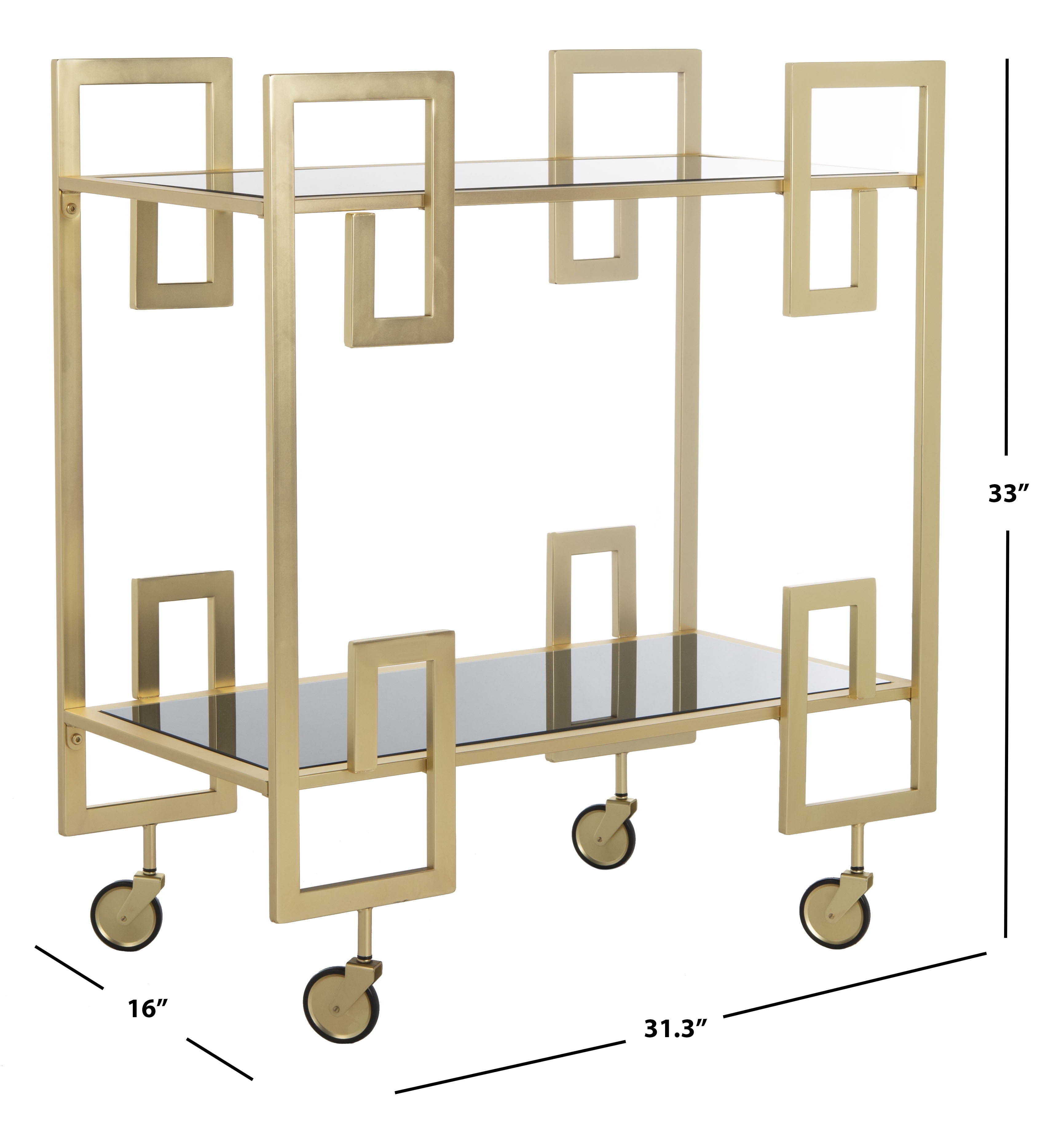 SAFAVIEH Eliza 2 Tier Modern Glam Rectangle Bar Cart with Casters, Brass/Black Glass - Image 8
