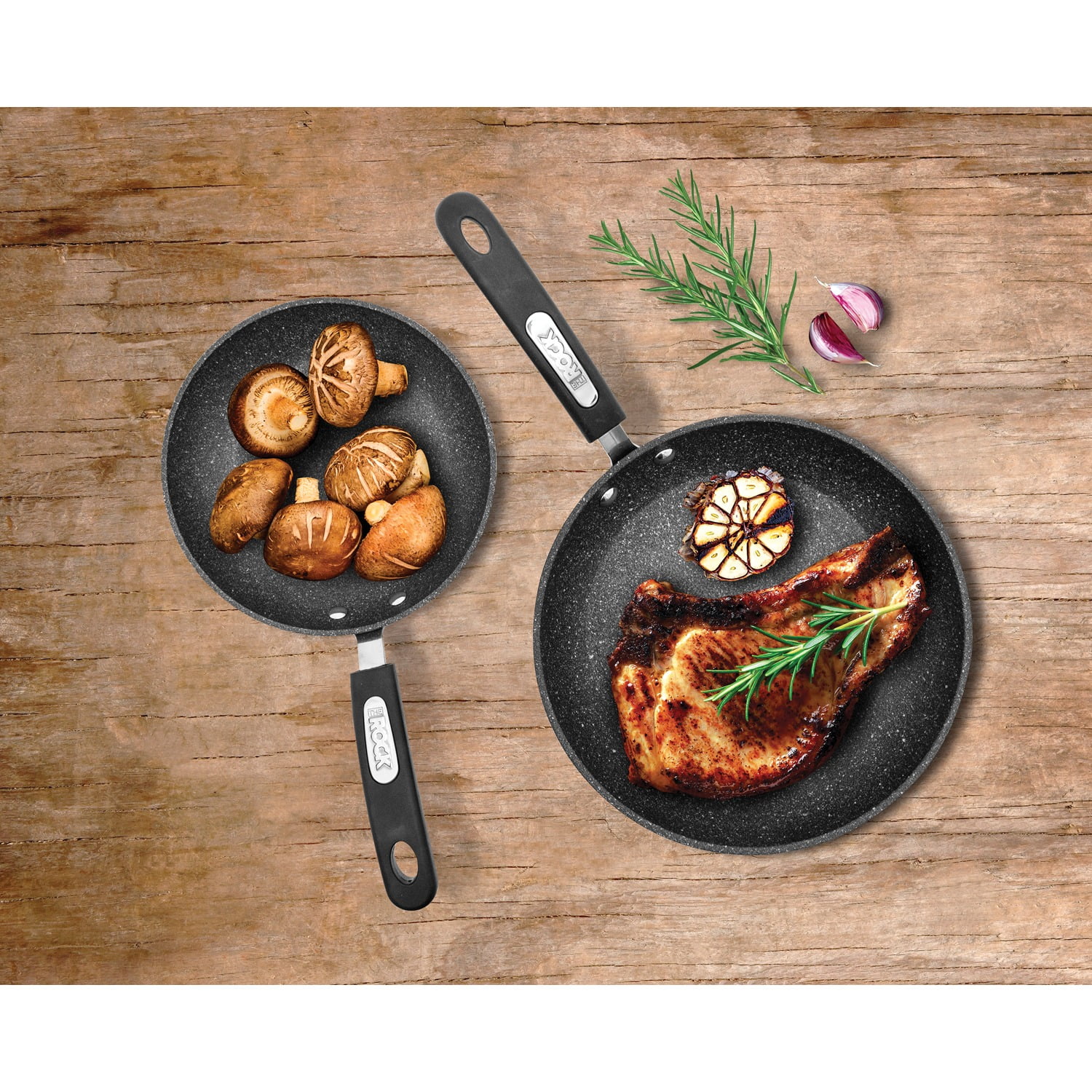 The Rock by Starfrit Set of 2 Fry Pans with Bakelite Handles & 8" x 8" Silicone/Cotton Pot Holder/Trivet - Image 4