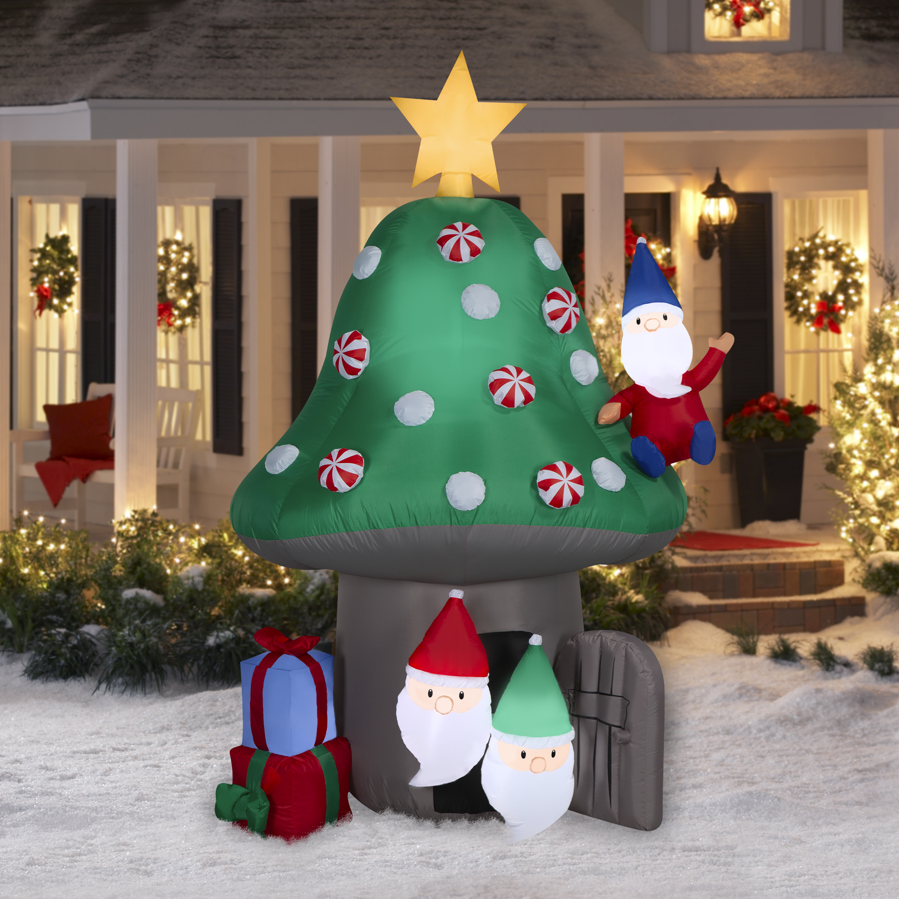 New Christmas Airblown Inflatables Yard Decoration Mushroom Christmas Tree with Gnomes Scene, 8 ft - Image 2