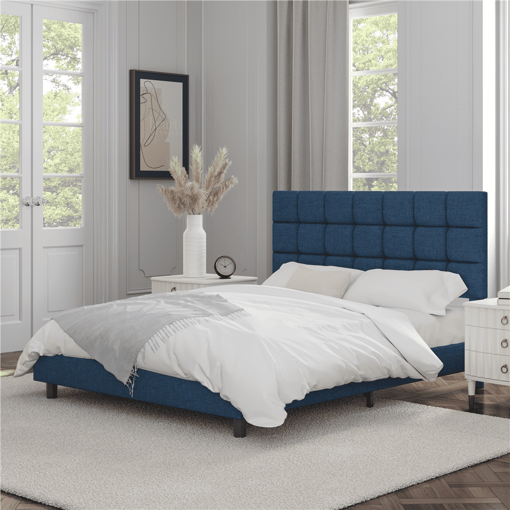 Yaheetech Modern Upholstered Platform Bed with Adjustable Tufted Headboard , Queen Size, Navy Blue - Image 7