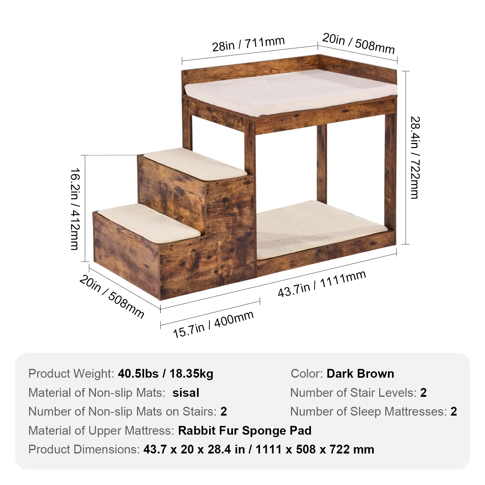 KFFKFF Animal Double-Deck Bed with Steps, Canine/Feline Lookout for Elevated Beds and Sofas, Mid-Sized Three-Tier Pet Resting Sofa, Suitable for Contemporary Residences (Antique Brown) - Image 4