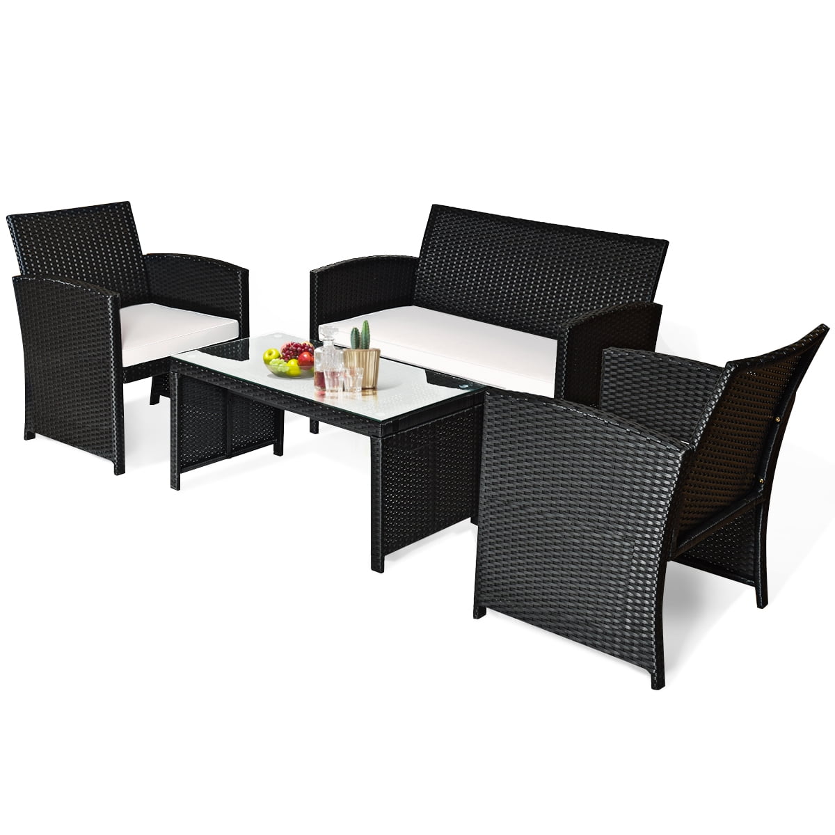 Costway 4PCS Outdoor Patio Rattan Furniture Conversation Set Cushioned Sofa Coffee Table - Image 8