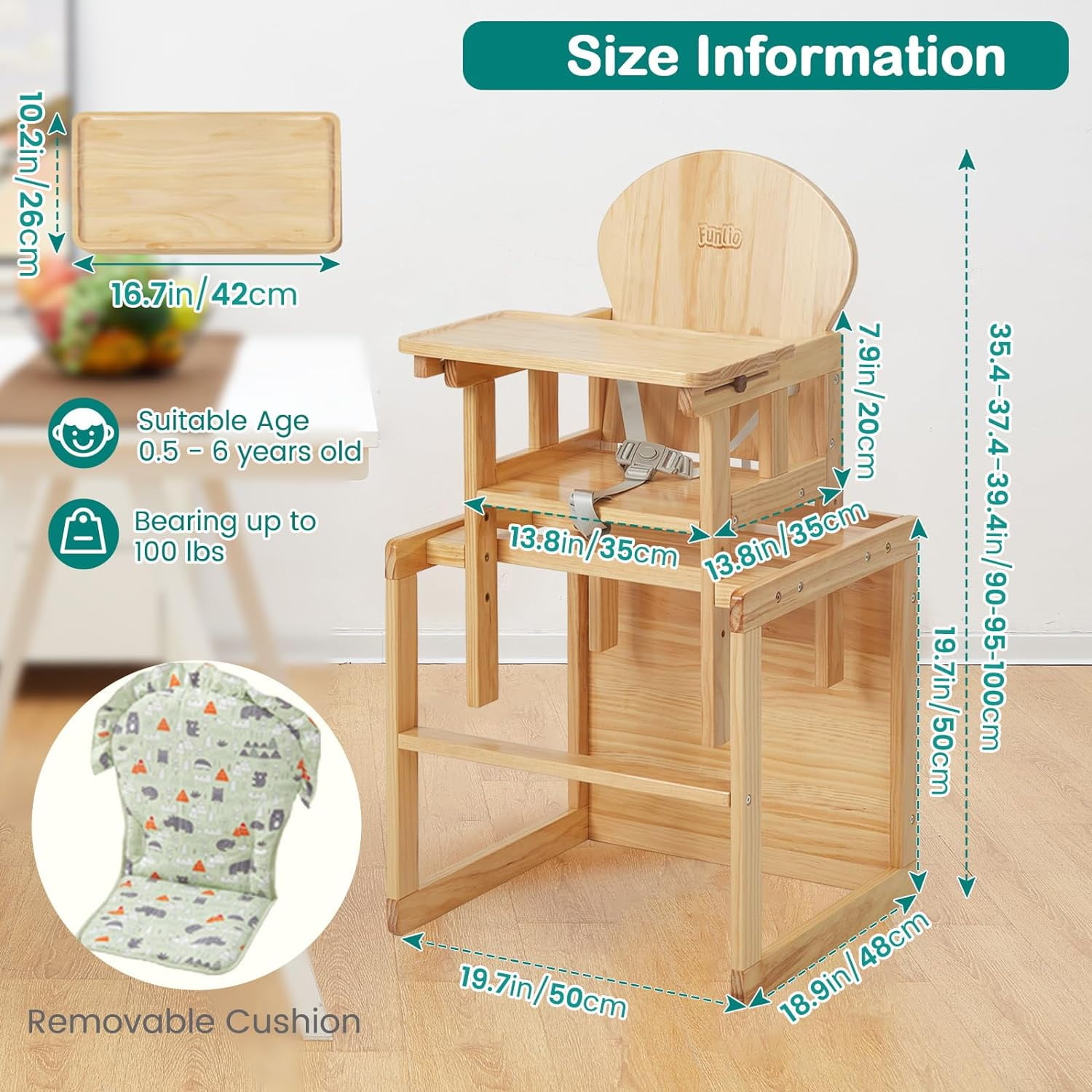 FUNLIO Wooden High Chair, 2-in-1 Convertible HighChair for Toddlers 0.5-6 Years, Height Adjustable for Babies,Premium Solid Wood with Detachable Tray/Cushion/Safety Belt, CPC Approved - Image 4