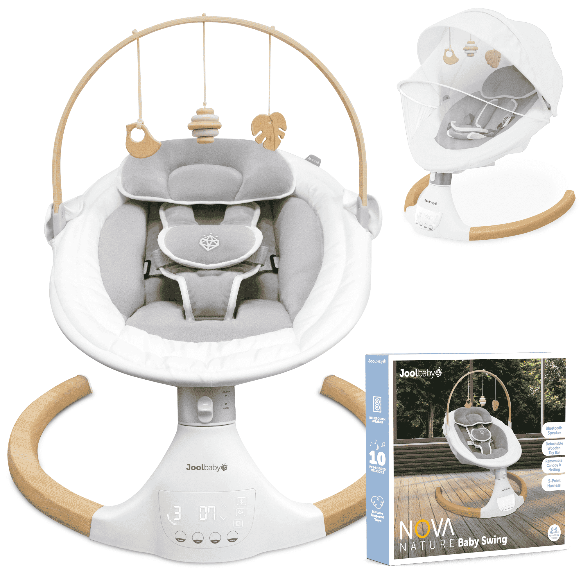 Jool Baby Nova Nature Baby Swing for Newborns – Electric Motorized Infant Swing with Bluetooth Music, Remote & Natural Wood Toys - Image 3