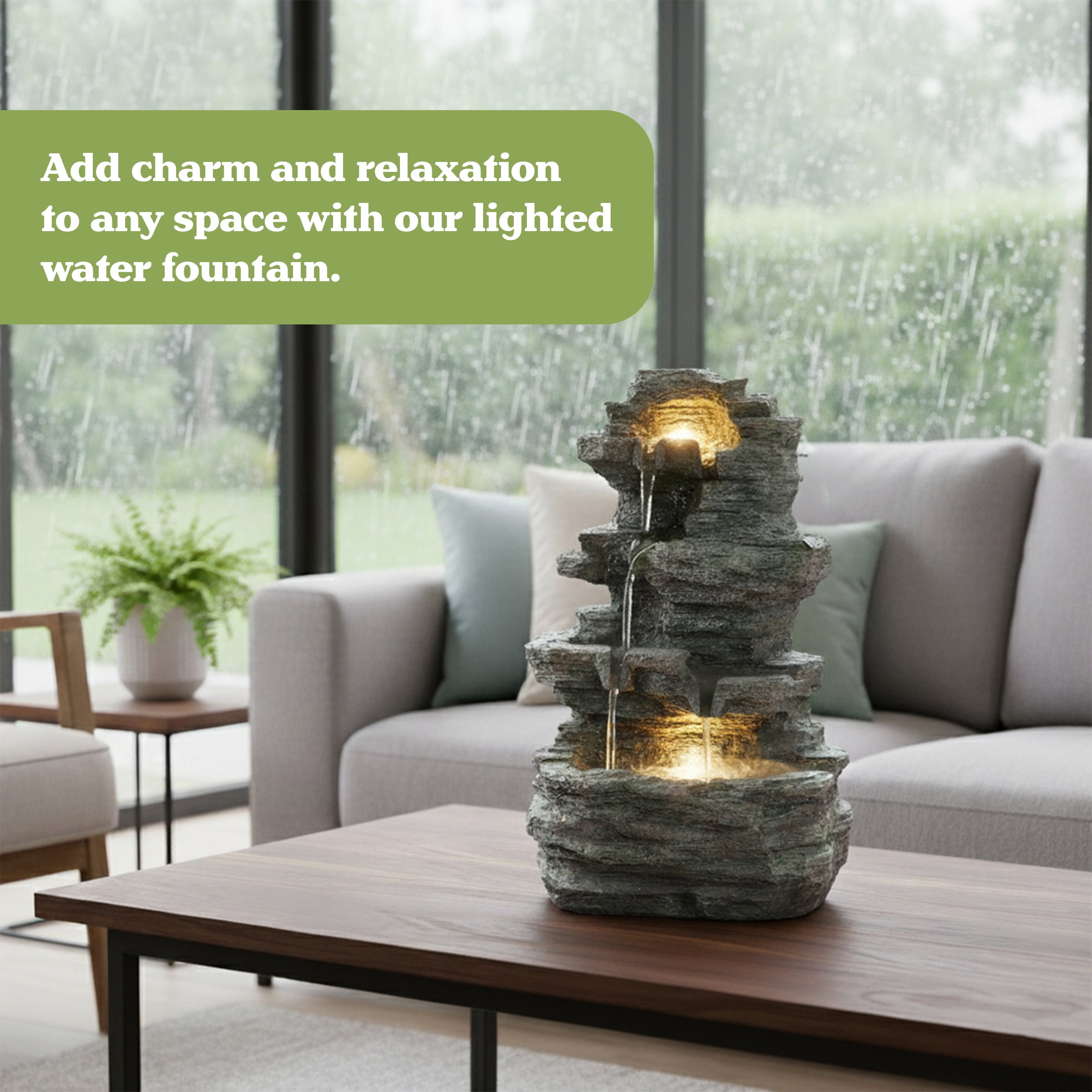 Pure Garden Indoor Electric Tabletop Waterfall Fountain with LED Lights - Resin 4-Tiered Stones, Grey - Image 9