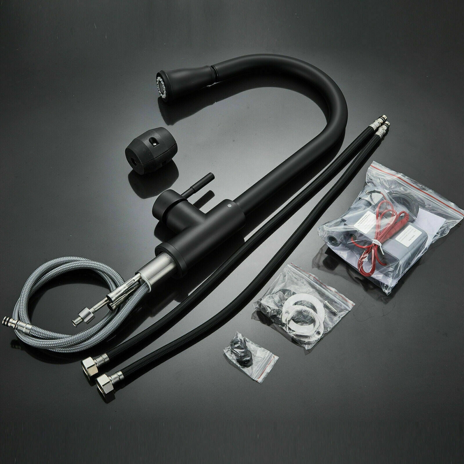 Zovajonia Matte Black Touch On Kitchen Sink Faucet Pull Down Sprayer Swivel Tap W/Plate - Image 4