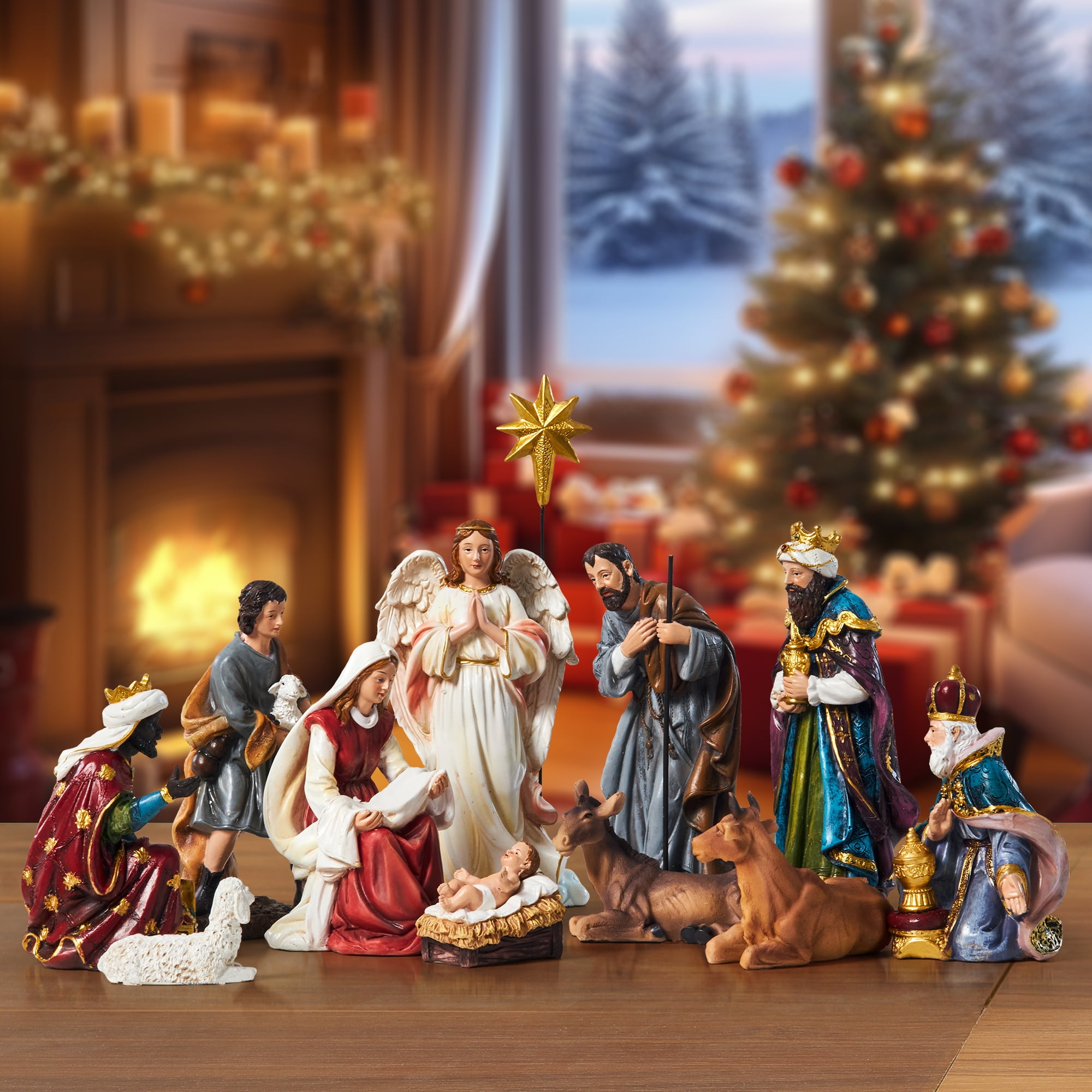 KUETH Nativity Sets for Christmas Indoor Nativity Scene Set Resin Figurine Christmas Ornament Religious Table Holidays Decor Gifts 13 Pieces 7.9 Inch - Image 3