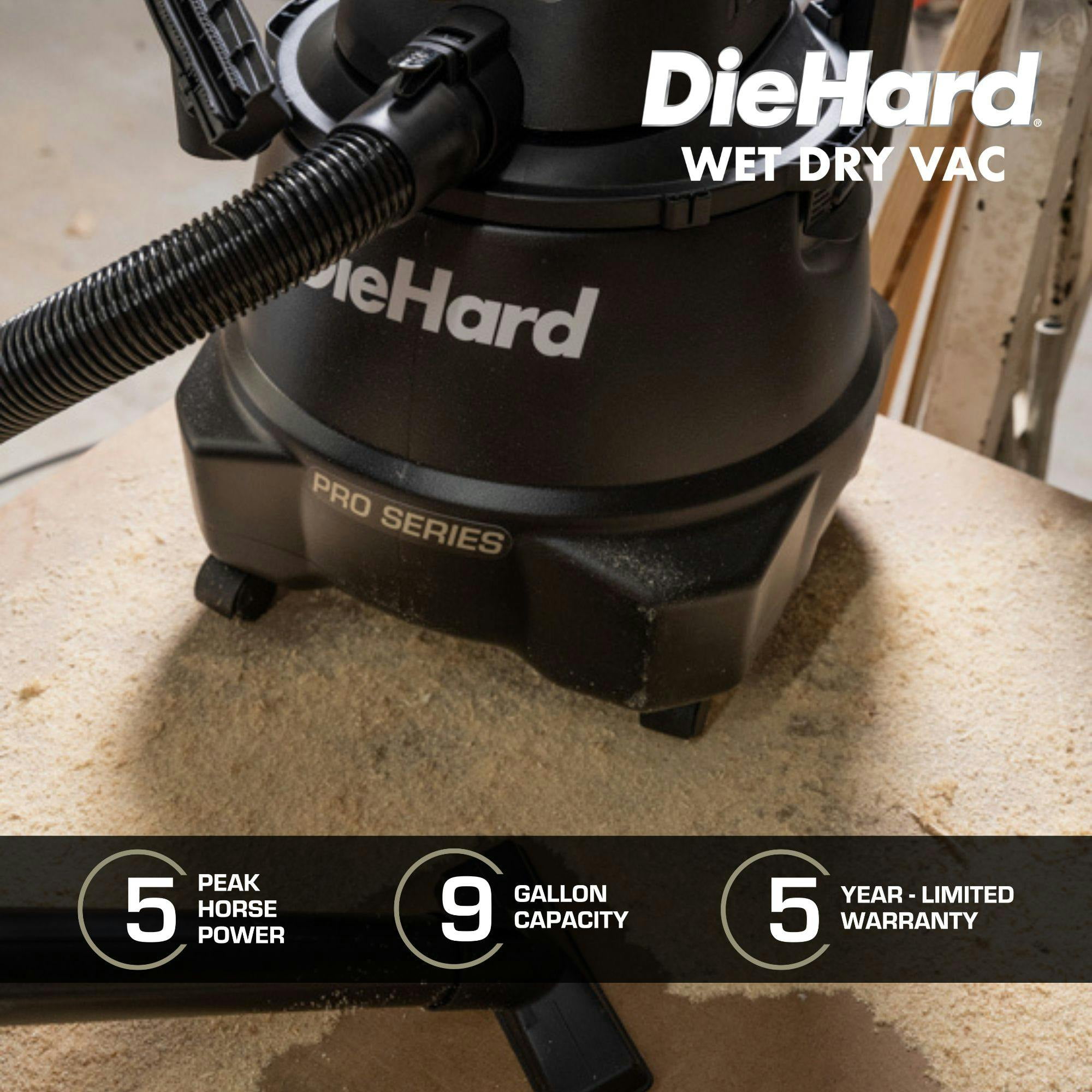 DieHard 9-Gallon 5.5 HP Pro Wet/Dry Vacuum - 9 gal - Squeegee, Hose, Wand, Filter, Crevice Tool, Pick-up Tool, Floor Tool - Wet Surface, Dry Surface - 10 ft Cable Length - 7 ft Hose Length - Rich... - Image 4