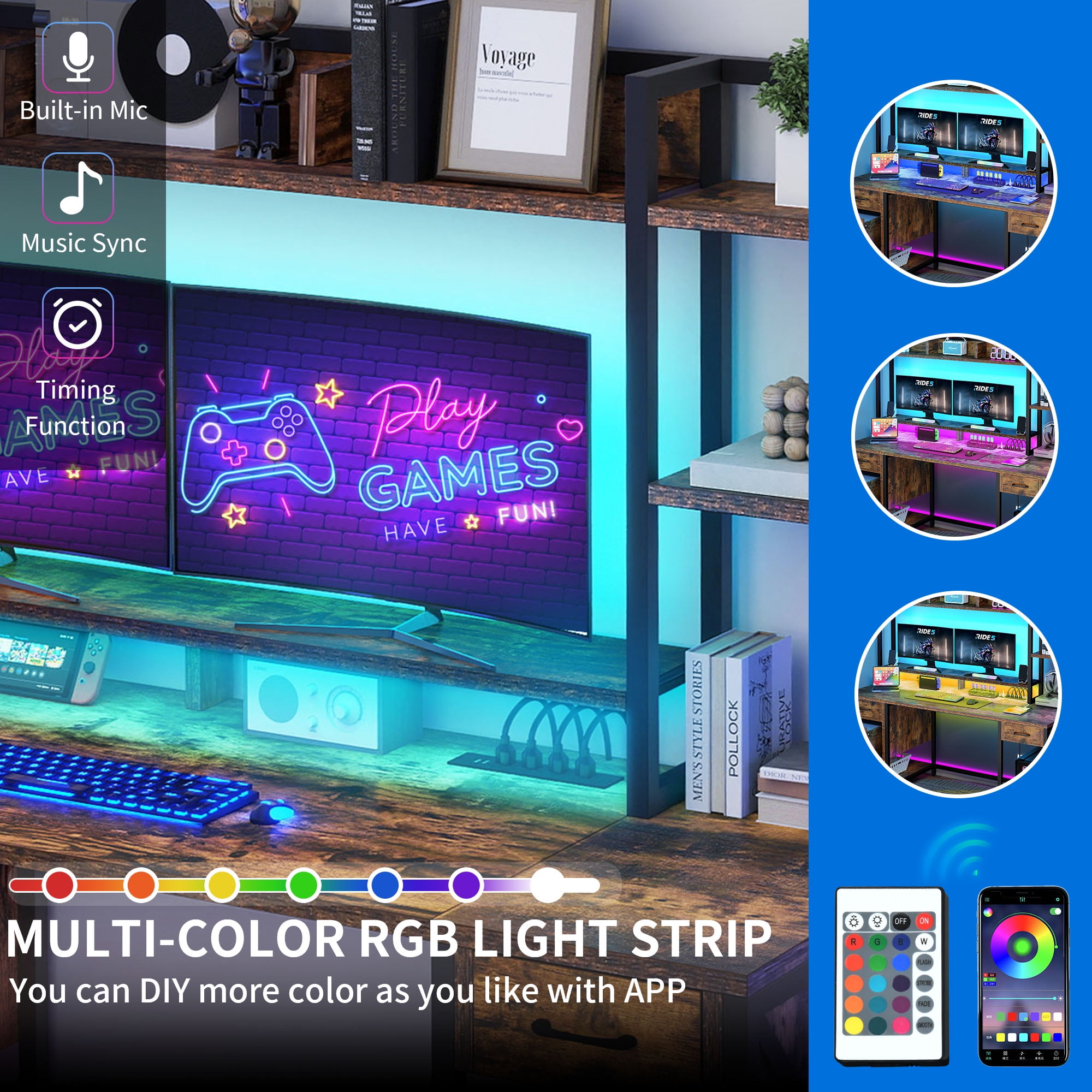 Uforic 59 "Computer Desk with Power Outlets & LED Light, Office Desks with Hutch & Monitor Stand, Gaming Desk Executive Desk with Storage Shelves for Home Office , Brown - Image 5