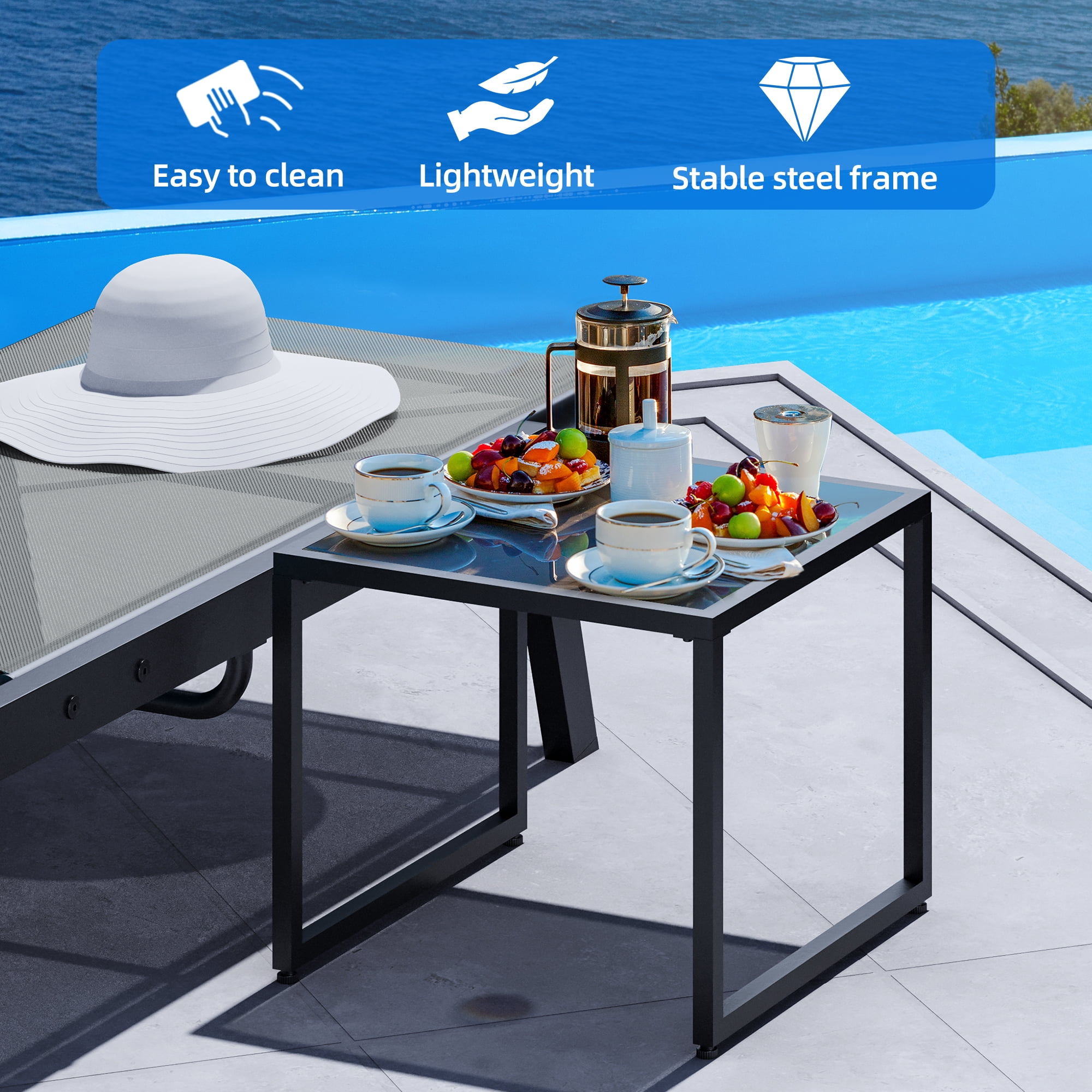 Dextrus 2 Pcs Outdoor Lounge Chairs with Side Table, Reclining Sun Loungers Featuring Aluminum Frame/Textilene Fabric/Wheels - Image 2