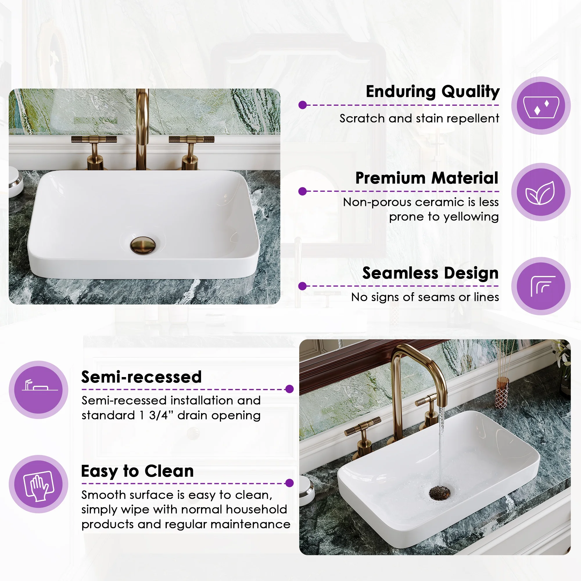 DV-1V0047 DeerValley Ally 19'' x 12'' Drop-In Bathroom Sink Semi-Recessed Vessel Sink Rectangular Above Counter Basin - Image 14