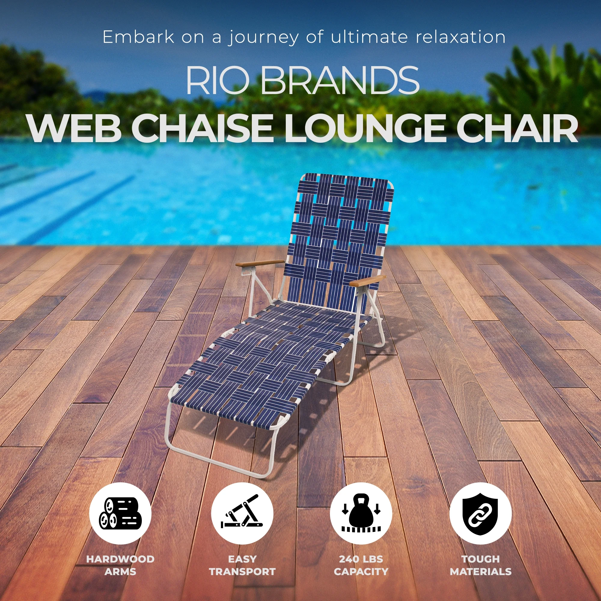Rio Brands Web Chaise Lounge, High Back White Steel Frame & Blue Web for Pools and Beaches - Image 7