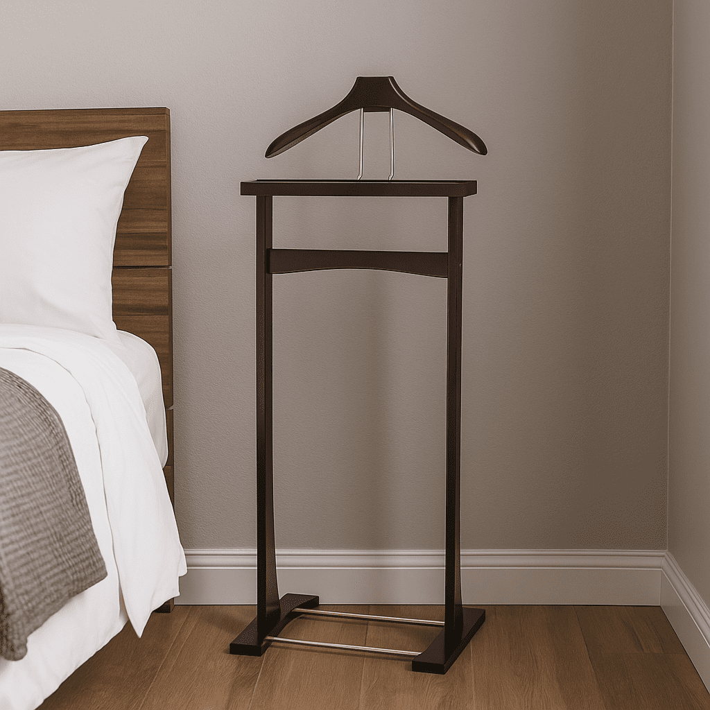 Proman Products Ashton Valet Suit Stand with Top Tray, Contour Hanger, Trouser Bar and Shoe Rack, Dark Mahogany - Image 7