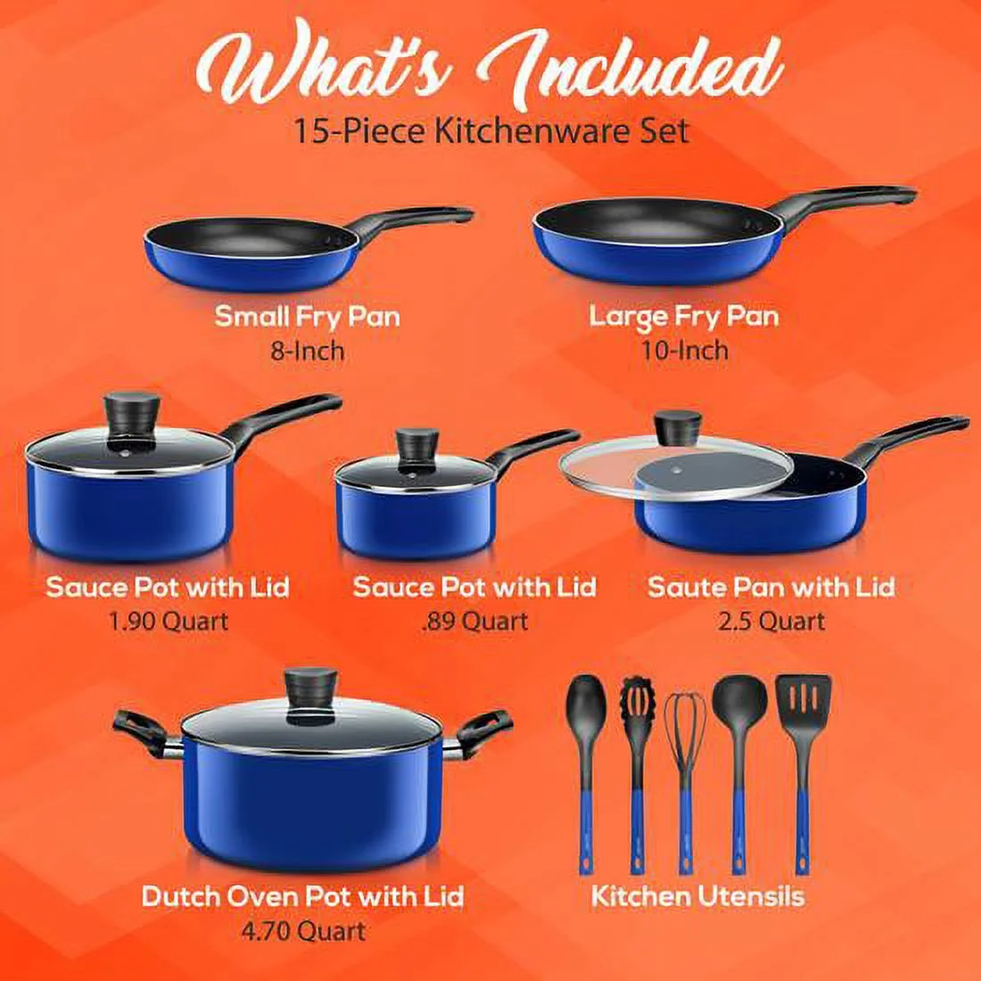 SereneLife 15 Piece Pots and Pans Non Stick Kitchenware Cookware Set, Blue - Image 8