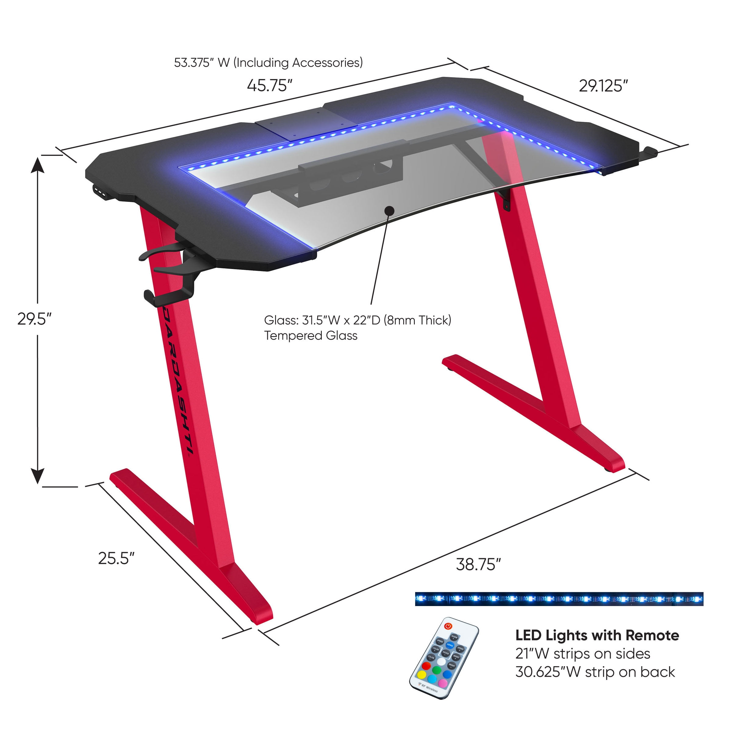 Dardashti 29.72" Gaming Desk with built in LED Lights in Ruby Red - Image 8