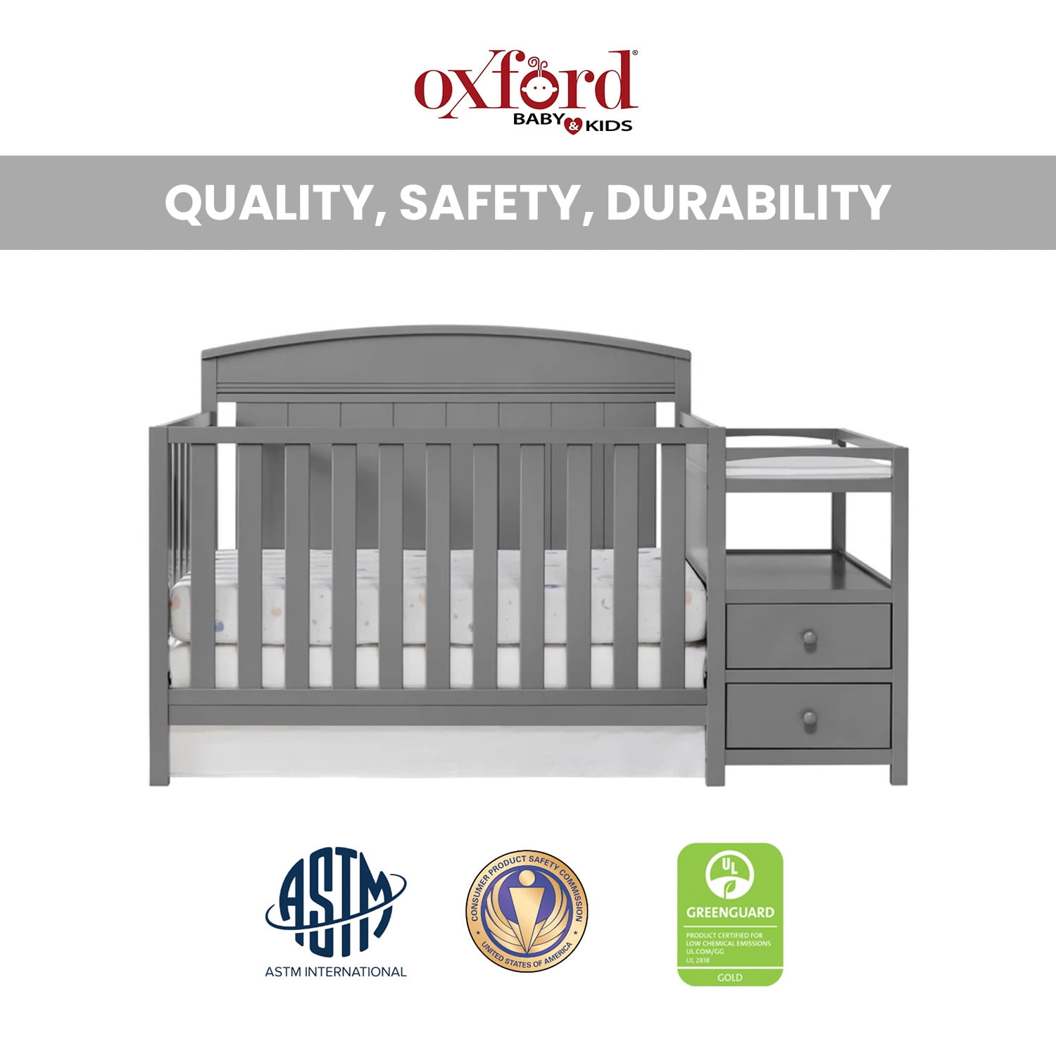 Oxford Baby Pearson 4-in-1 Convertible Crib & Changing Station, Dove Gray, GREENGUARD Gold Certified, Wooden Crib - Image 2