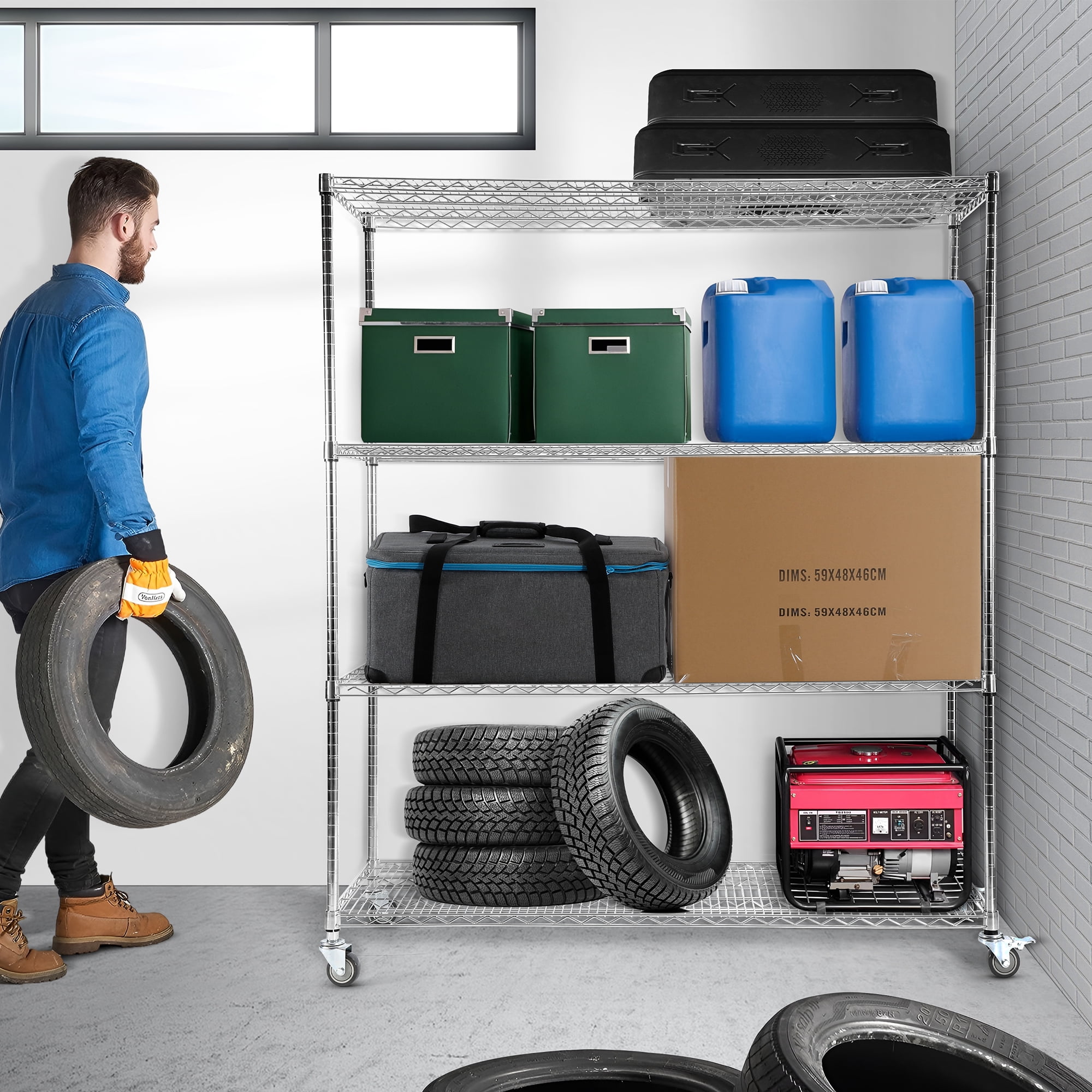 4-Tier 60"x 24"x72" Heavy Duty Wire Shelving with Wheels, Silver Metal Shelves ,Chrome 2400Lbs Capacity Garage Shelving - Image 7