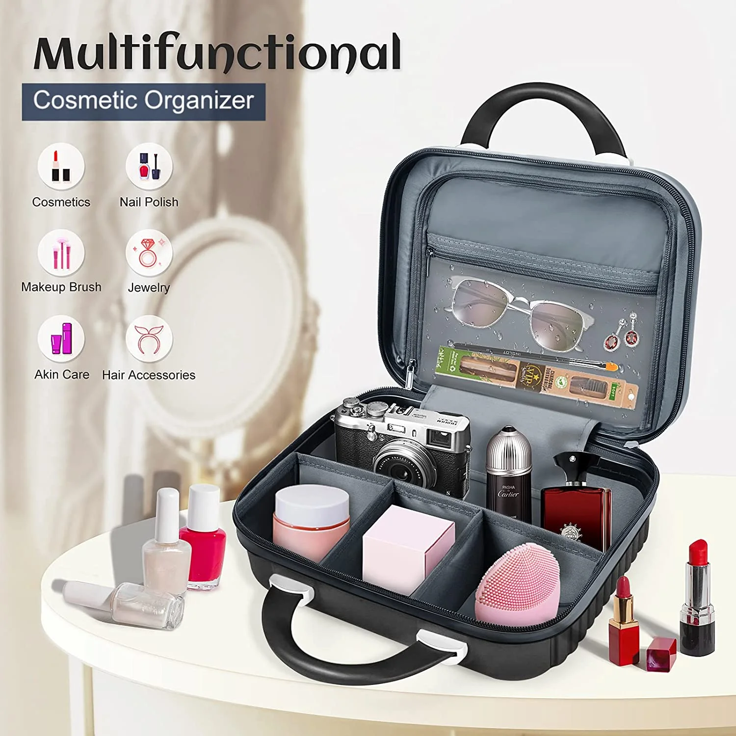 JZRTravel 20 in Striped Spinner Carry On Luggage with 14 in Cosmetic Case, Black - Image 2