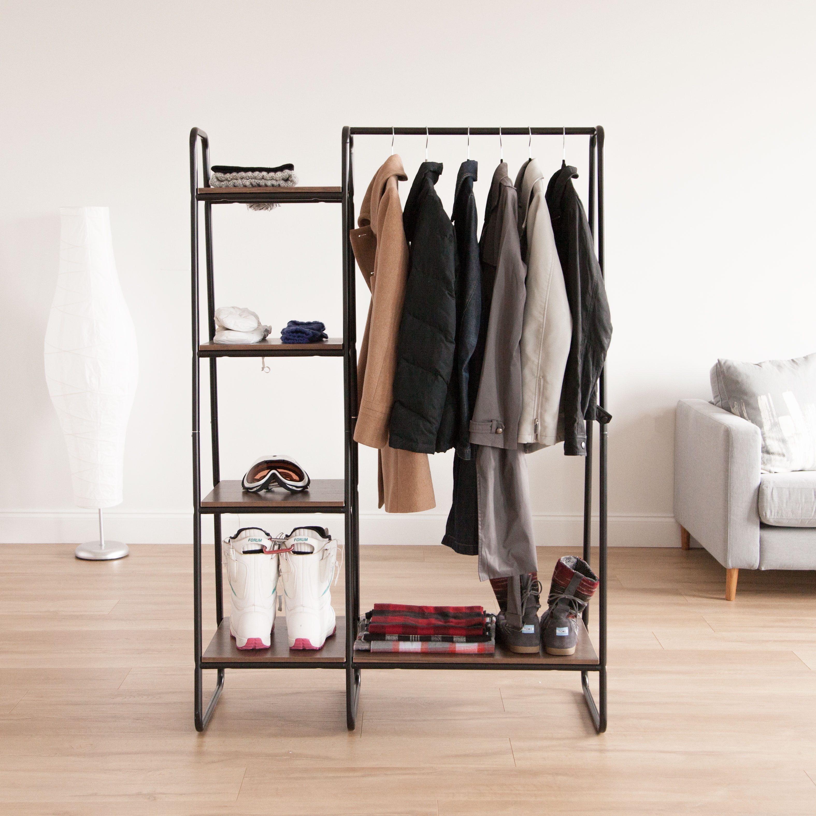 IRIS USA Garment Rack with Wooden Shelves for Hanging Clothes and Displaying Accessories Black and Dark Brown - Image 9