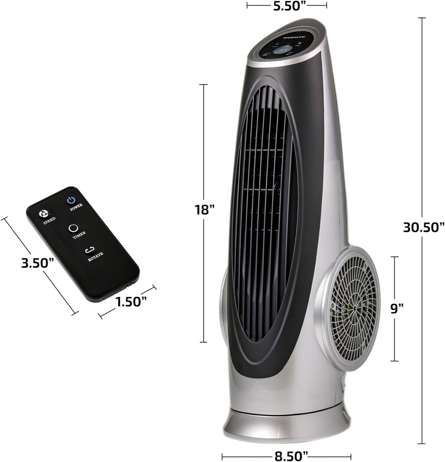 Ovente Oscillating Tower Remote Control, 3-Speed LCD Panel & 8H Timer, 30.5" Quiet & Bladeless Indoor Standing Floor Fan, Blows Cold Air for Home, Bedroom, Living Room or Office, Silver TF88S - Image 6