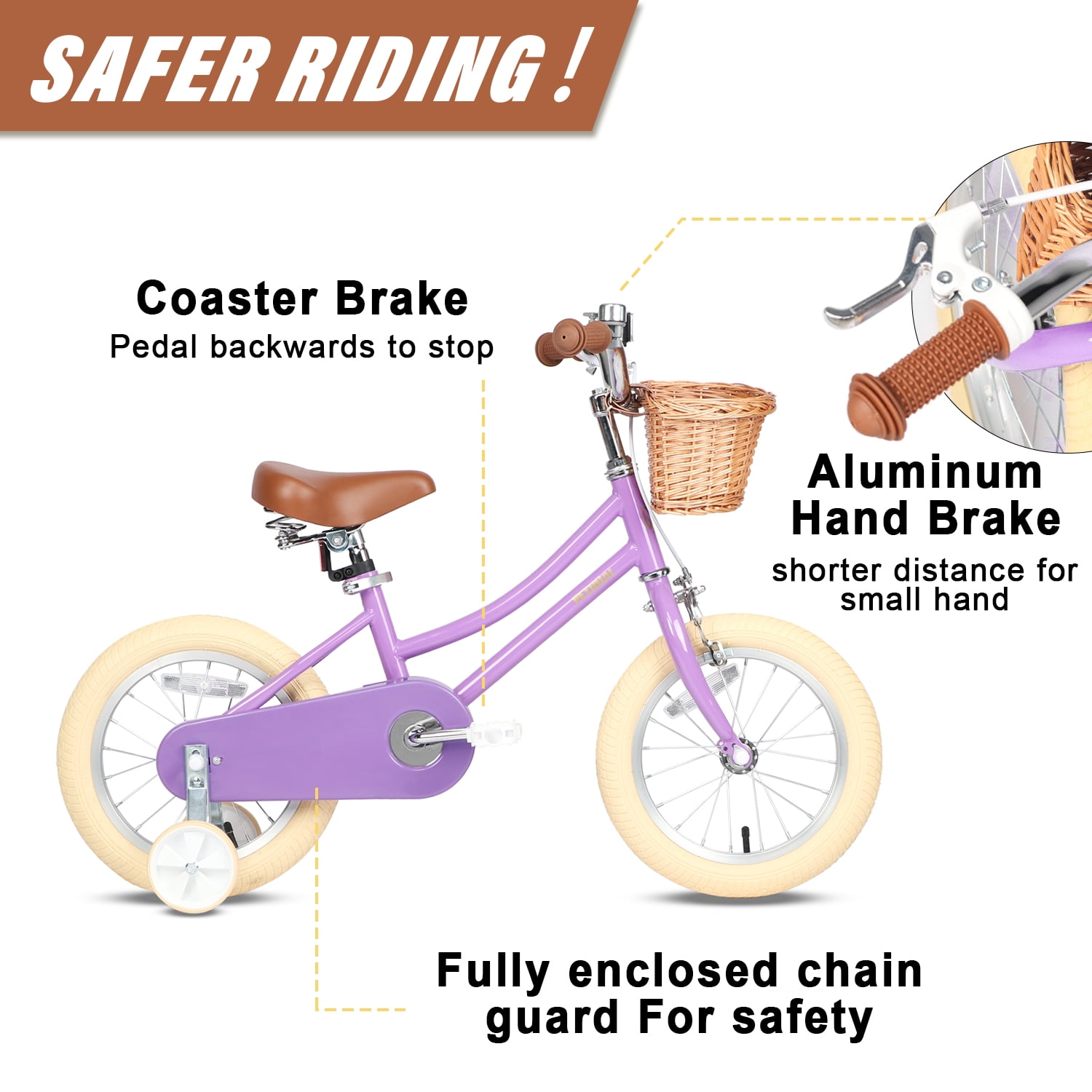 Petimini 16 Inch Kids Bike for 4 5 6 7 Years Old Little Girls Retro Vintage Style Bicycles with Training Wheels and Bell, purple - Image 2