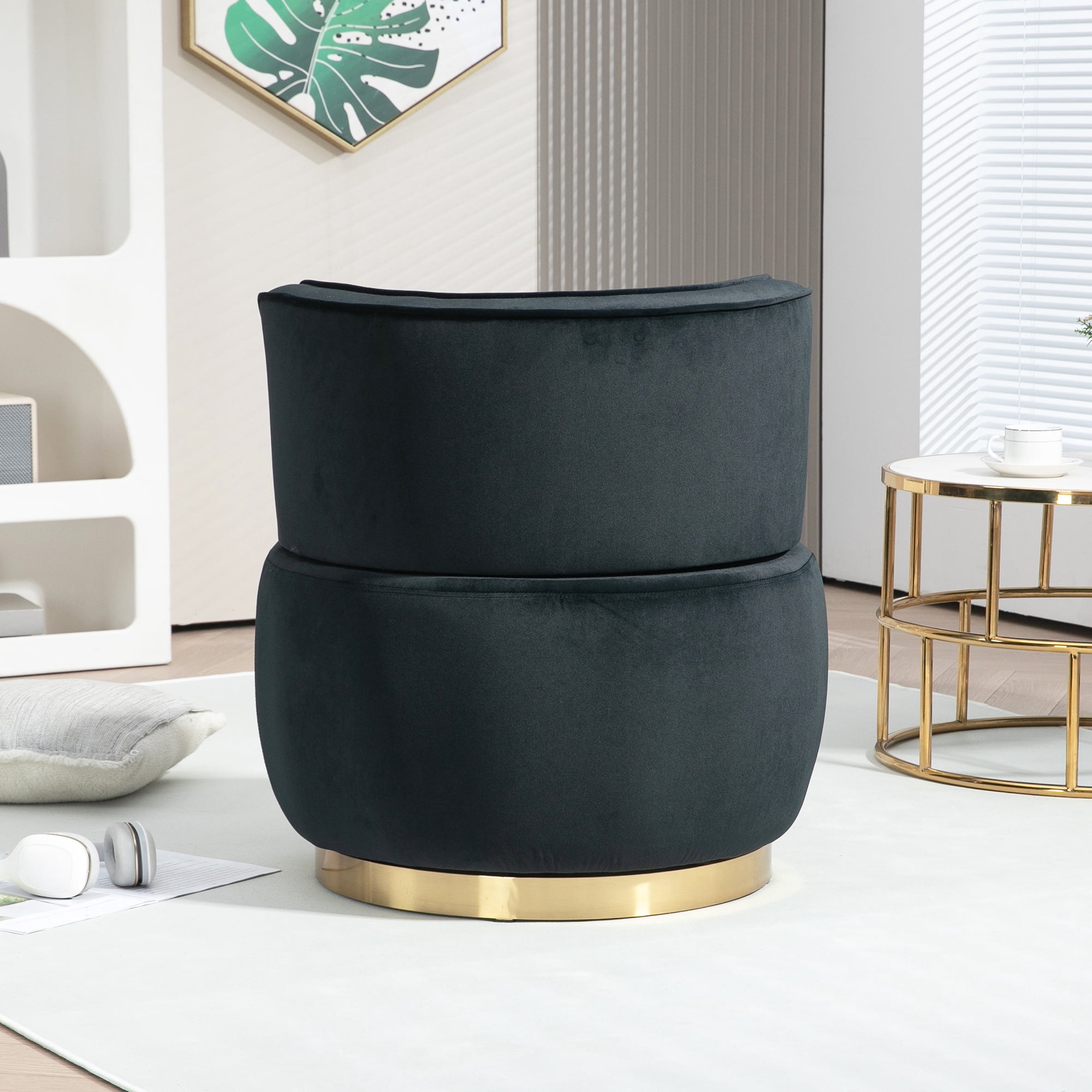 PAPROOS Swivel Accent Chair, Armchair with Velvet Fabric, Barrel Chair with Metal Ring for Living Room, Bedroom, Black - Image 3