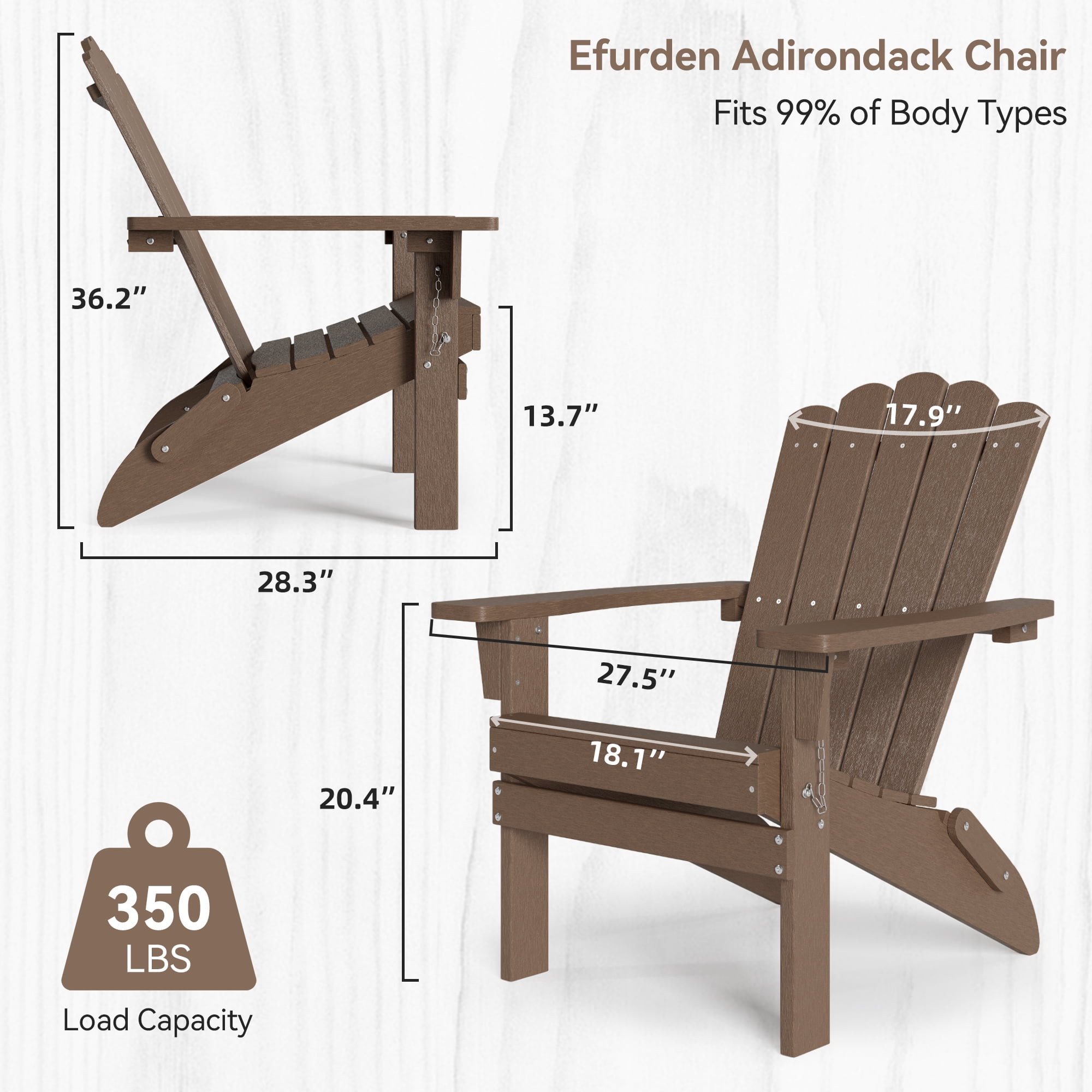 Efurden Adirondack Chair, HDPE Floding Adirondack Chair, Weather Resistant Patio Chair for Patio, Porch and Garden, 350 Lb Support (Brown) - Image 6