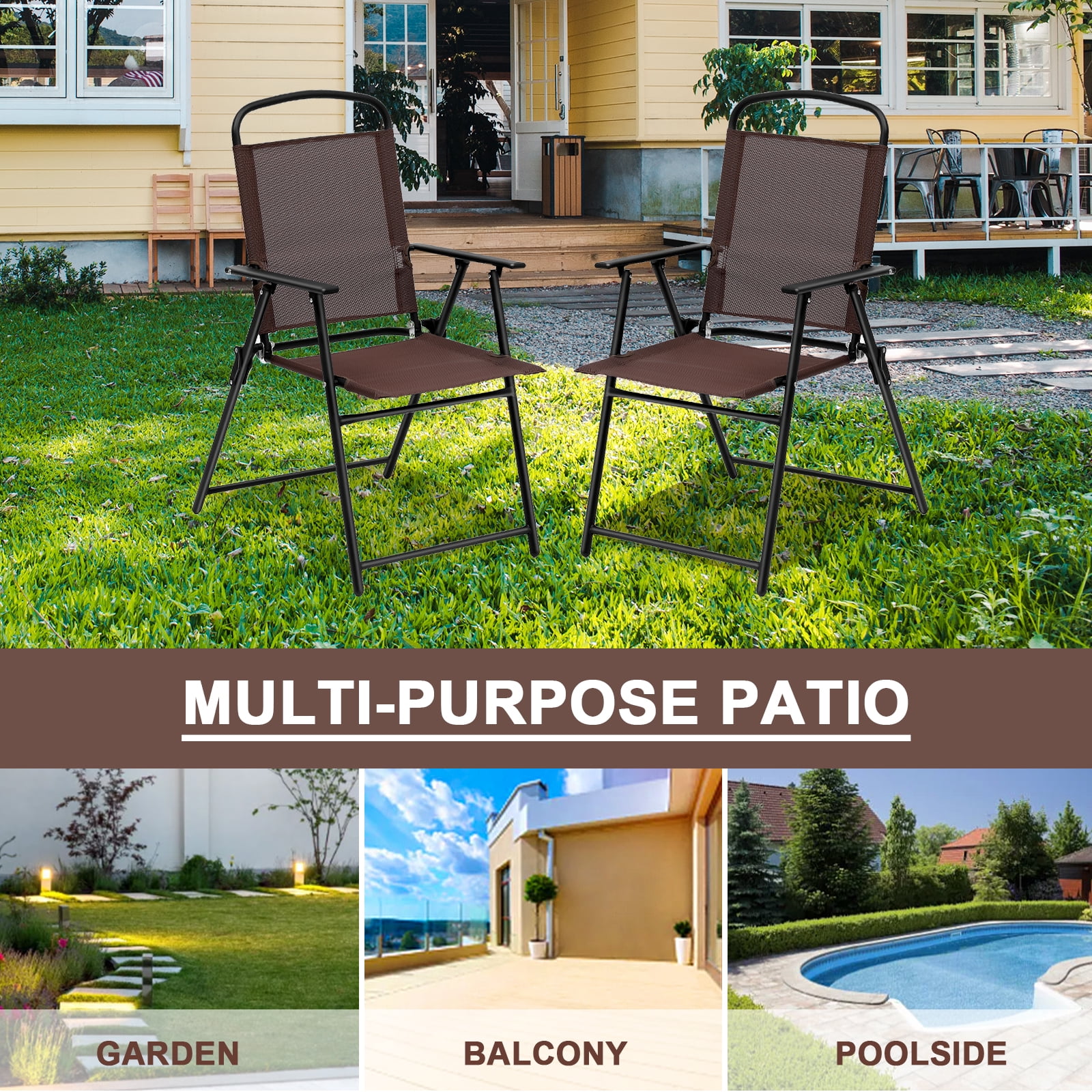 TBKLEY 2pcs Patio Folding Sling Back Chair with Armrests, Portable Metal Outdoor Chairs for Indoor Outdoor Garden Poolside Yard, Brown - Image 3