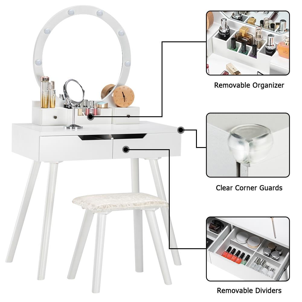 Ktaxon Dressing Table, Light Bulbs and Cushioned Stool Table Set, White - Image 3