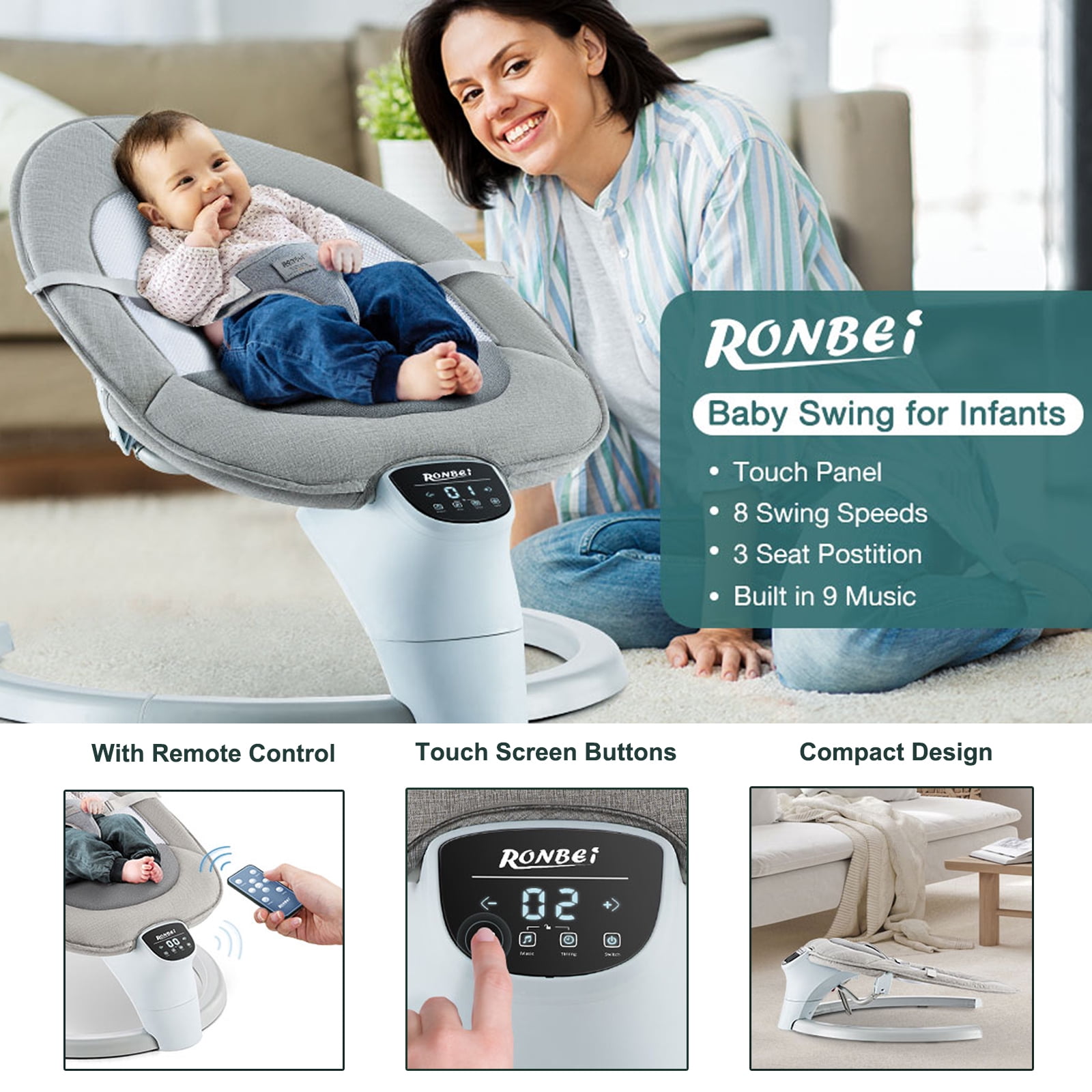 RONBEI 3 IN 1 Baby Swing for Infants Soothe Portable Newborn Swing with Music Remote Control Timing Function Mosquito Net Gray - Image 7