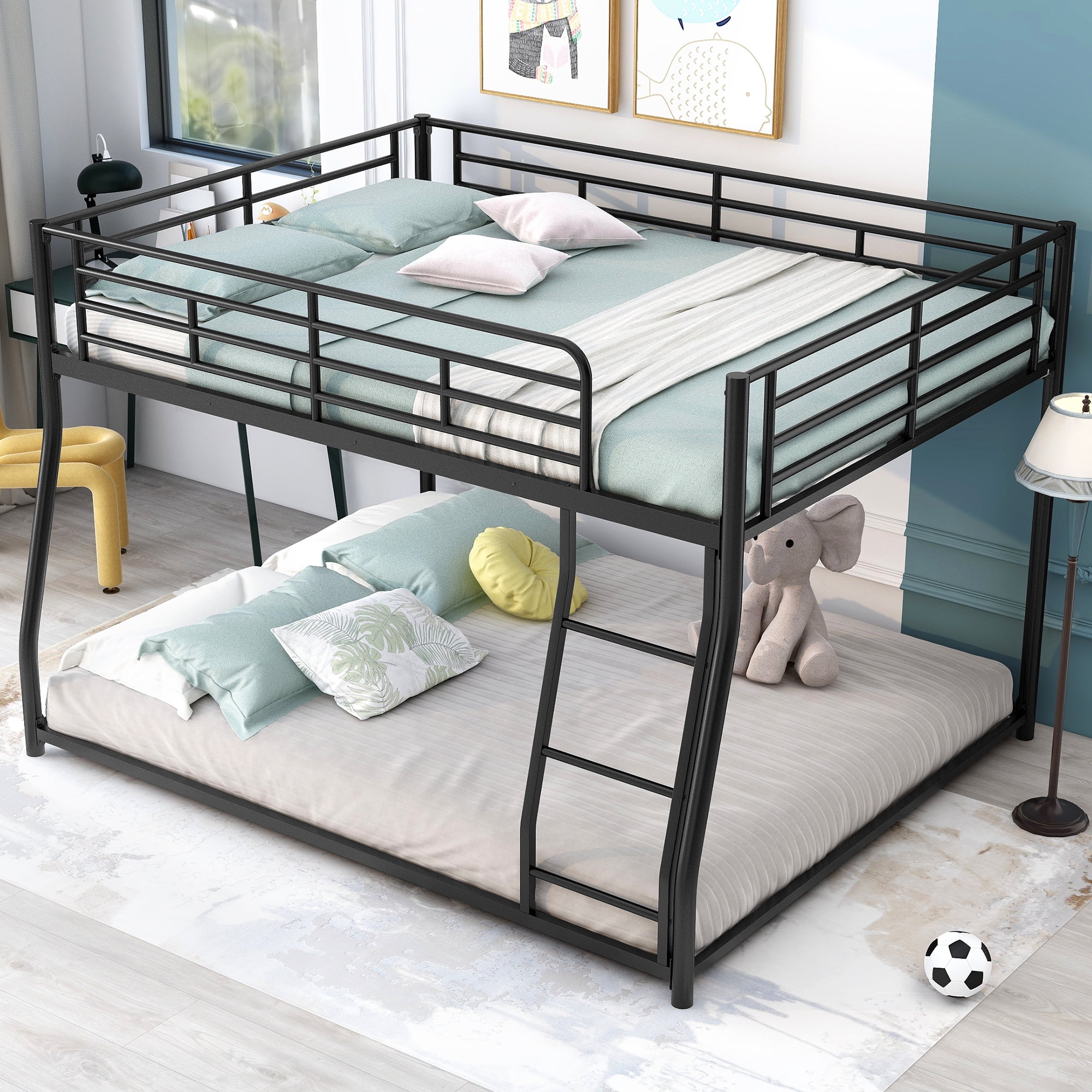 Euroco Metal Full XL over Queen Bunk Bed, Floor Bed with Ladder, Black - Image 2