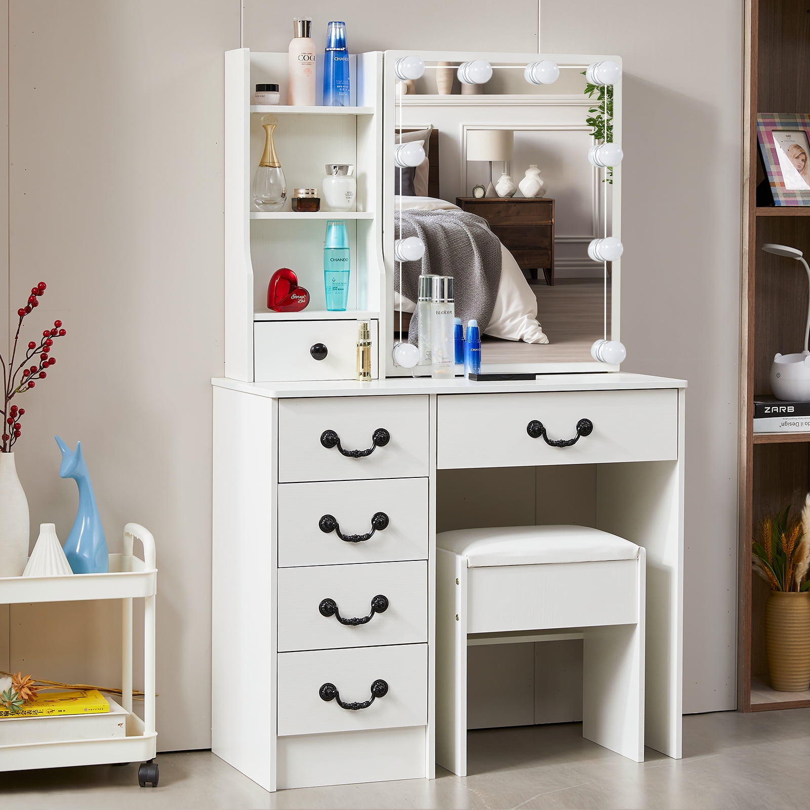 JBLCC Modern Vanity Set with Mirror and Lights, White Vanity Desk with Stool for Women Girls, Makeup Vanity Table with Shelves and 5 Drawers for Bedroom - Image 8