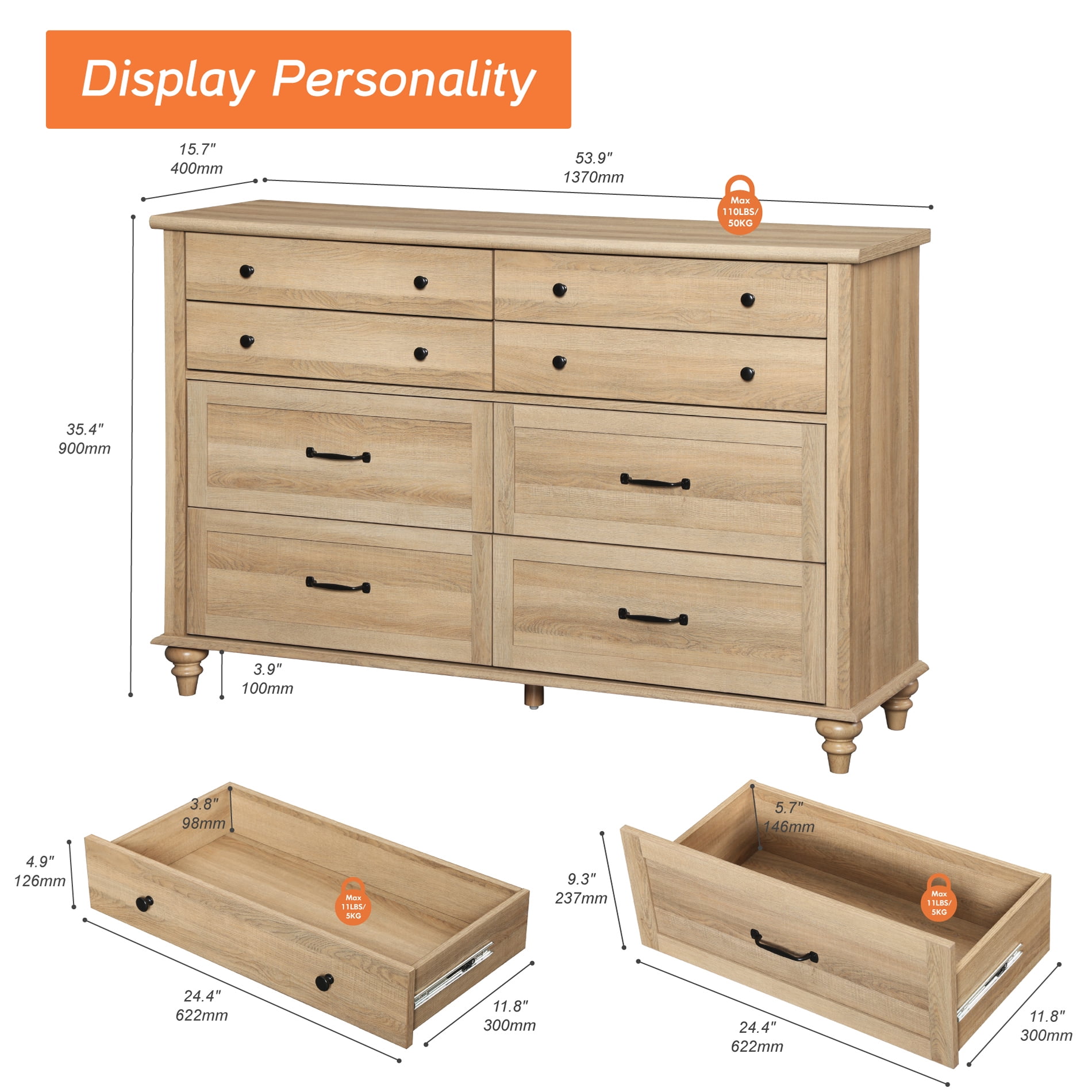 Wide Oak 8 Drawer Dresser for Bedroom, Wooden Chest of Drawers for Living Room - Image 3