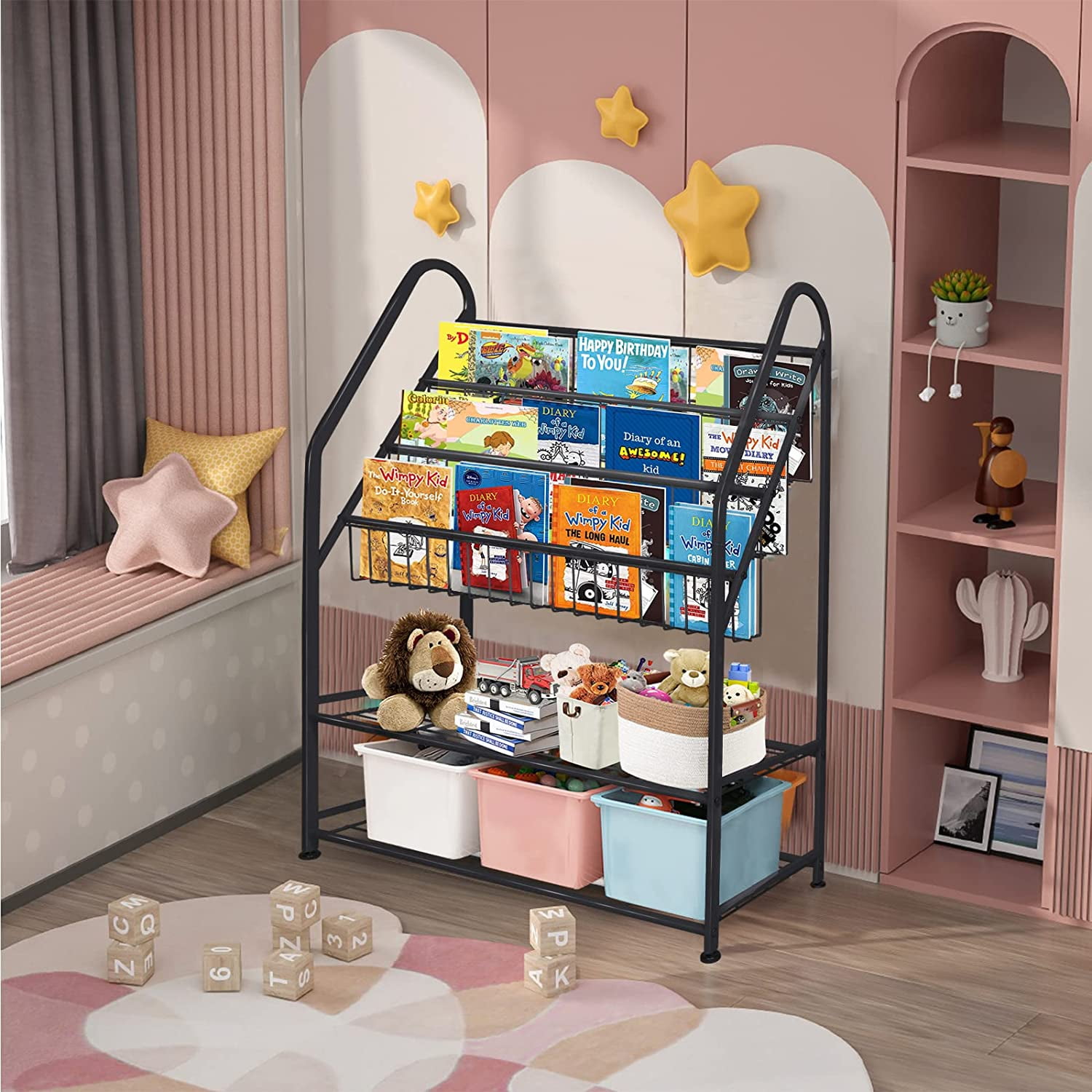 aboxoo Metal Kids Black Bookshelf LargeFreestanding for Children Room 32 in Toys Organizer Large Stable Bookcase Bookstore Library Book Unit Storage Kids Bed Living Room - Image 7