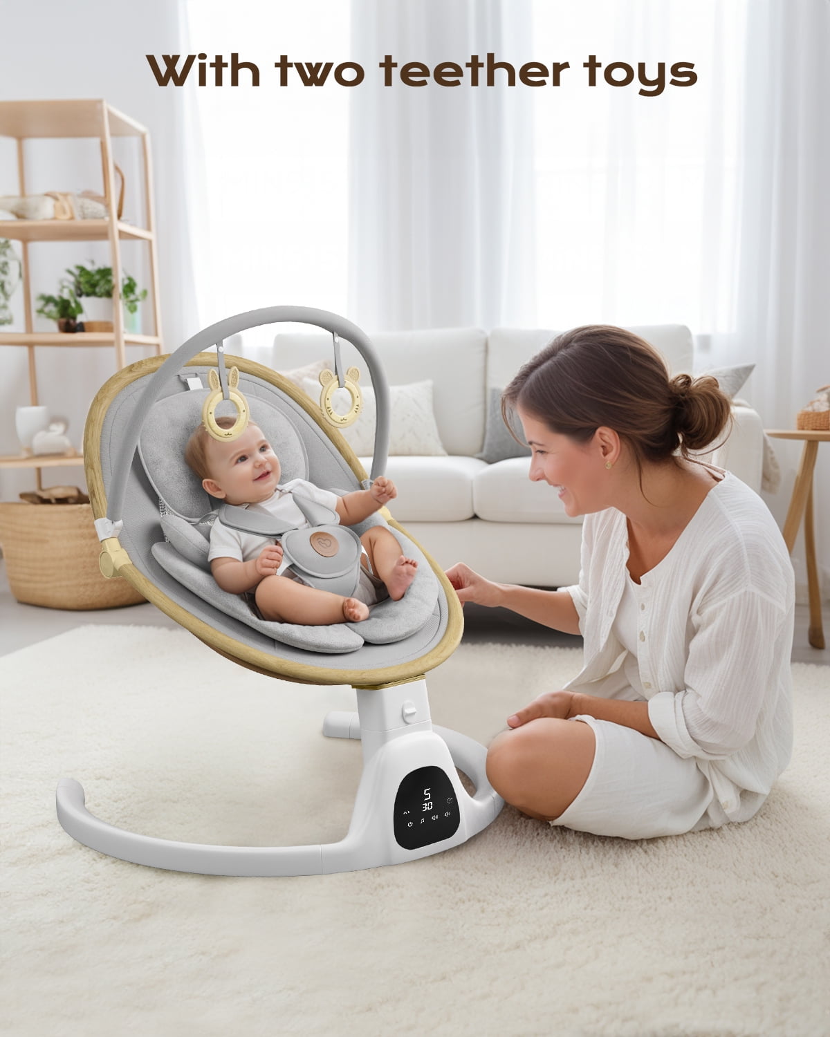Baby Swing for Infants to Toddler Portable Babies Swing Timing Function 5 Swing Speeds Bluetooth Touch Screen Music Speaker with 10 Preset Lullabies 5-Point Carabiner White - Image 4