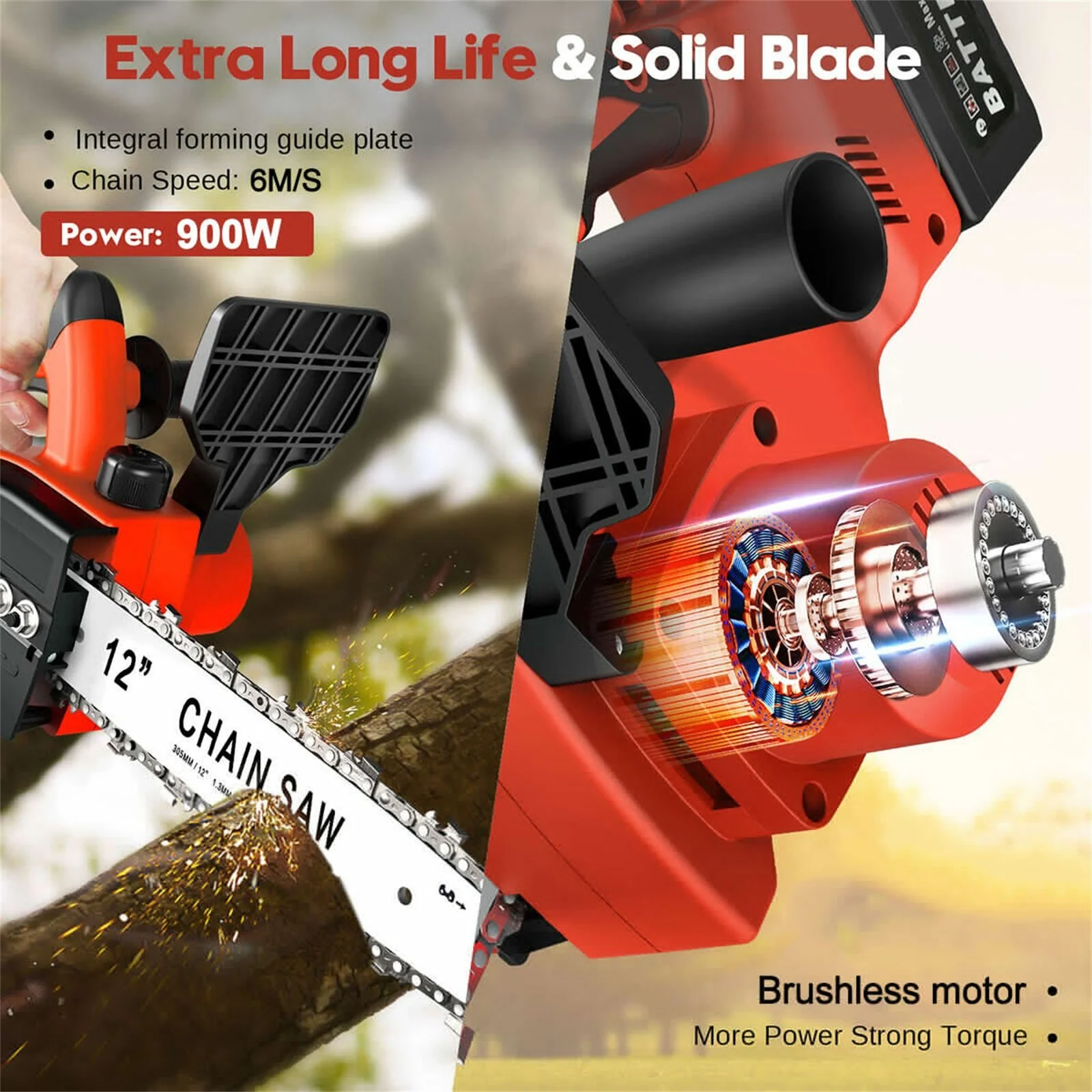 WUKETIN 12" Battery Powered Chainsaw, Lightweight and Portable - Image 2