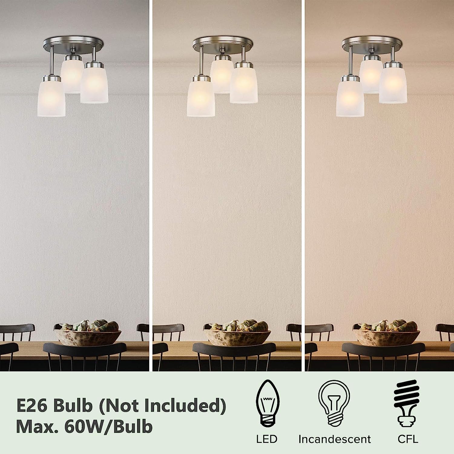 GZBtech 3-Lights Semi Flush Mount Ceiling Light, Modern Brushed Nickel Ceiling Hallway Light Fixtures for Entrance Closet Kitchen Laundry Room Bedroom - Image 2