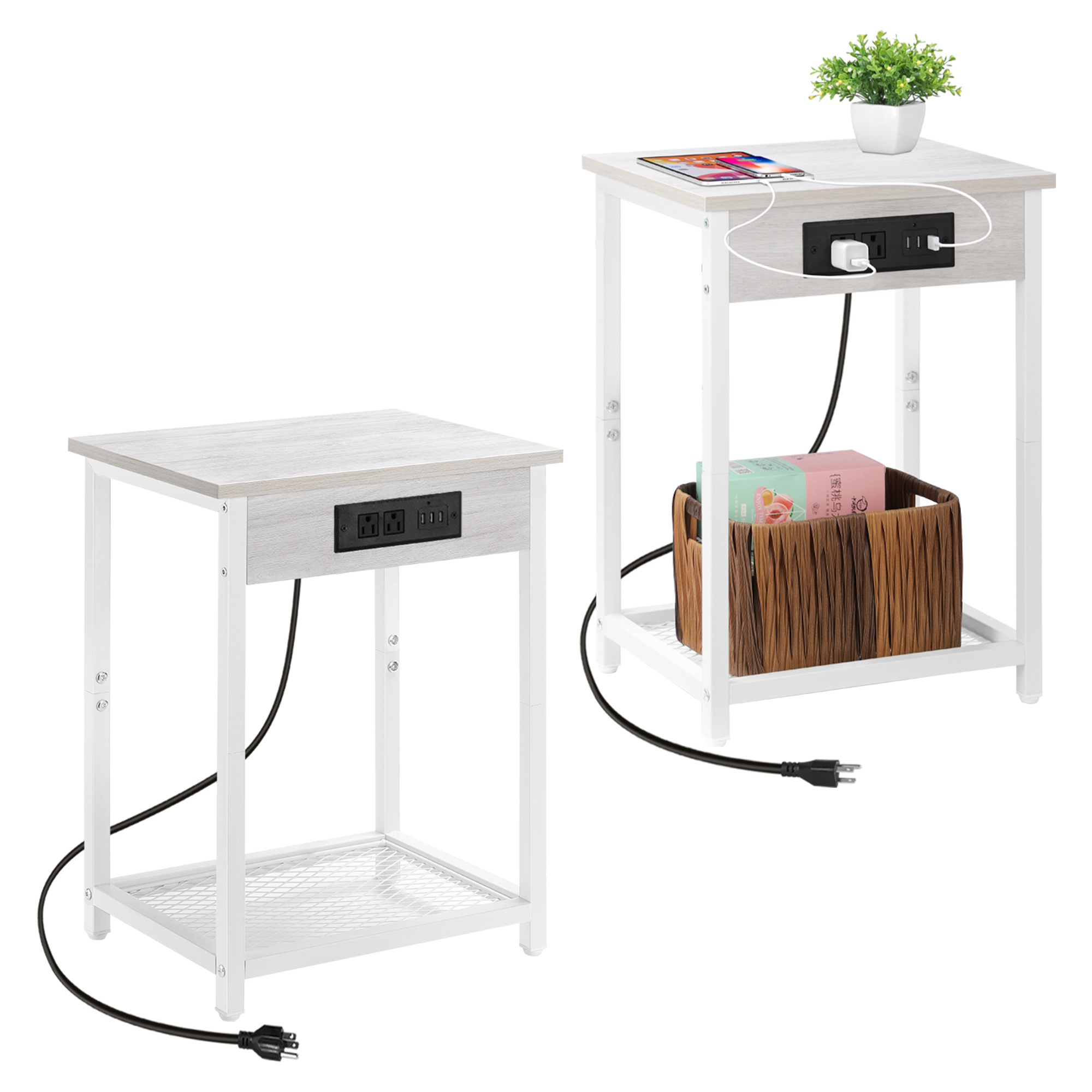 Oumilen Adult Nightstand End Table with Charging Station White, Set of 2 - Image 5