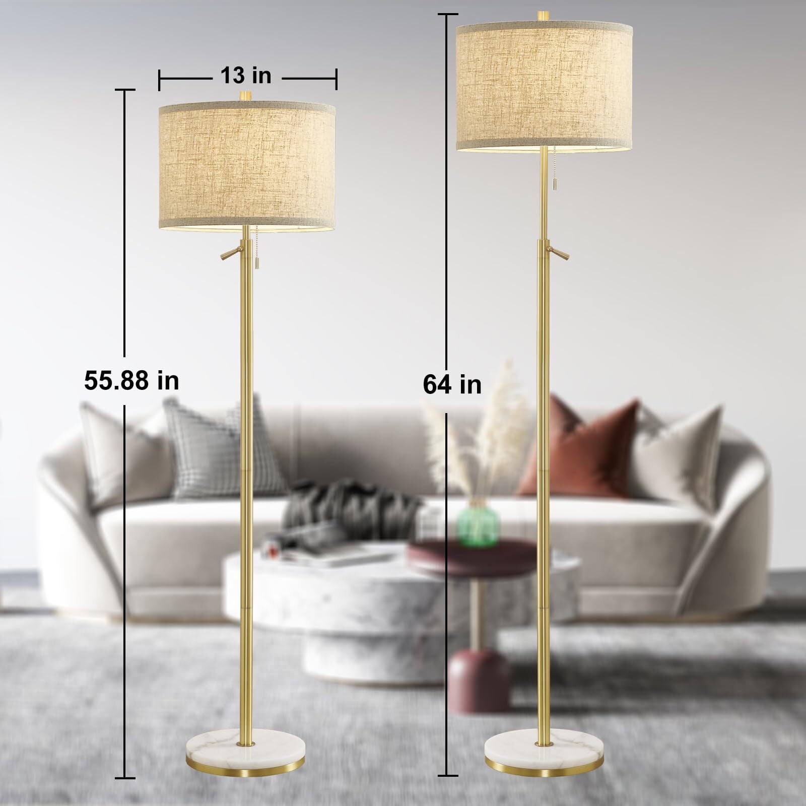 NATYSWAN Modern Floor Lamp for Living Room, Adjustable Height Standing Lamp with Marble Base Tall Lamp with Pull Chain Switch Floor Lamps for Living Room, Bedroom & Office Bulbs Not Included (Gold) - Image 7