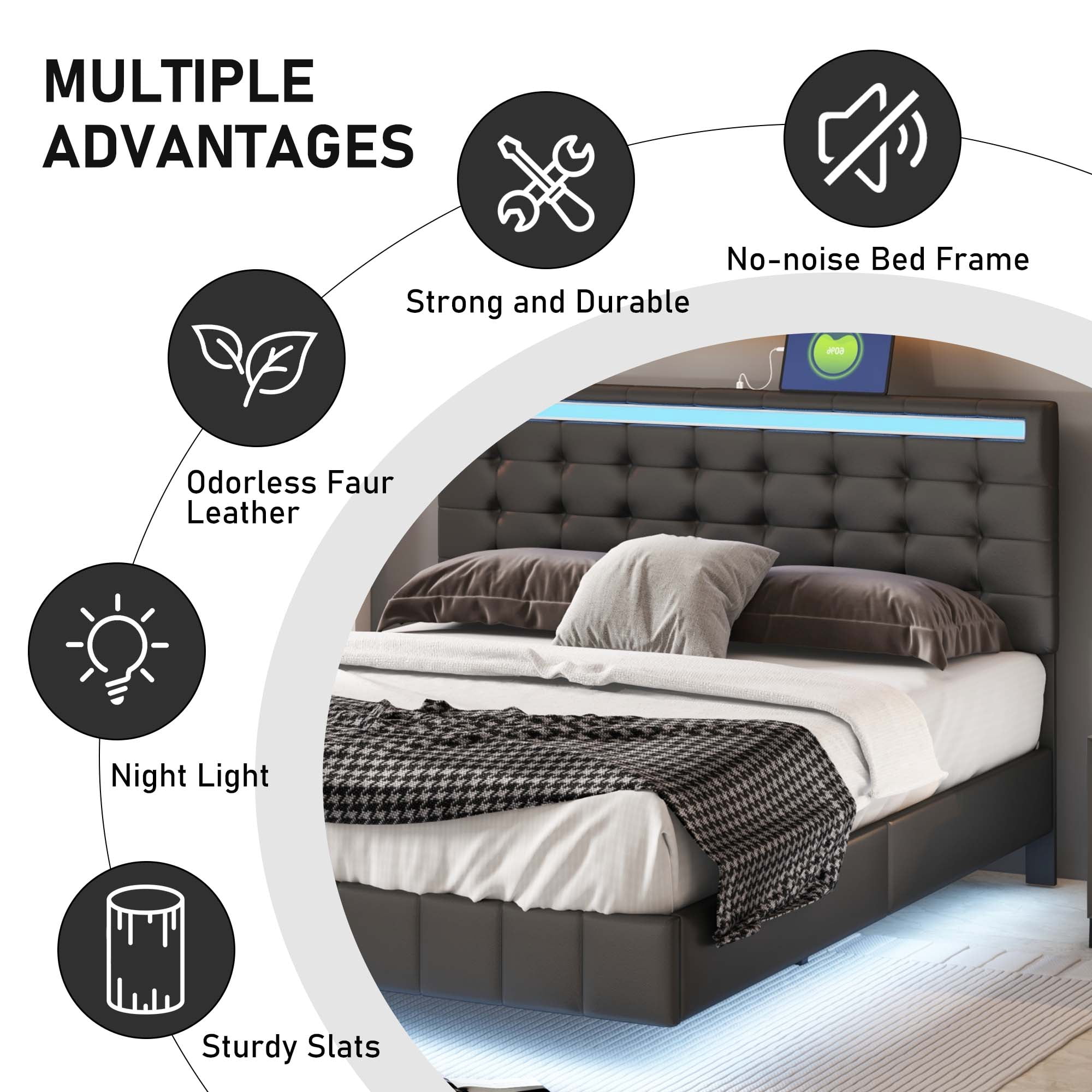 Aukfa Upholstered LED Bed, Queen Platform Bed with LED Lights and USB Ports - Black - Image 8