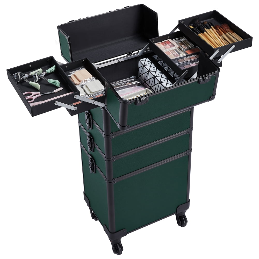 Alden Design Professional 4-in-1 Aluminum Travel Cosmetic Makeup Case, Dark Green - Image 3