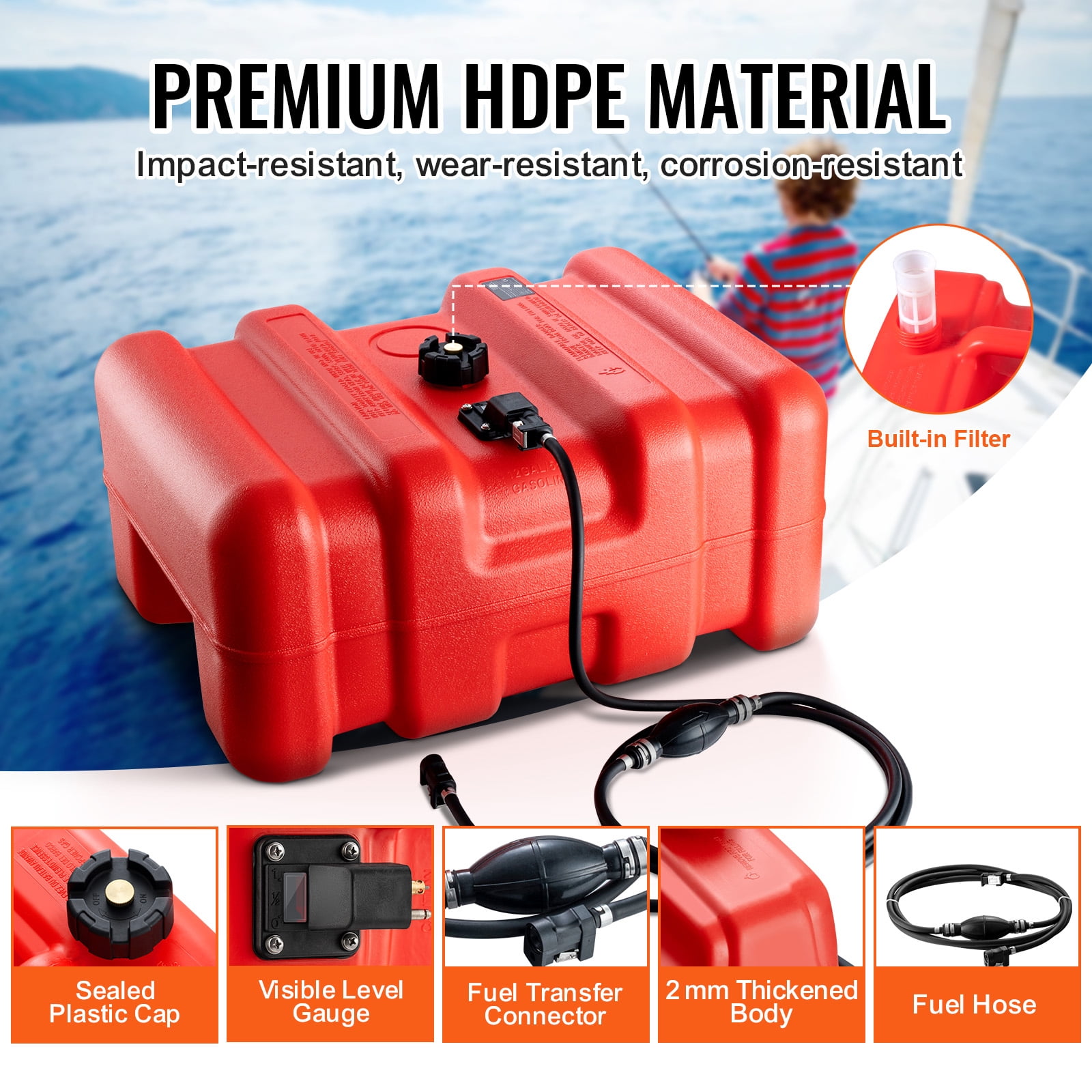 KFFKFF Marine Fuel Tank, 12 Gallon/55L, Portable Boat Fuel Gas Tank for Outboard Engine Boats, Plastic Outboard Marine Boat Fuel Tank with Hose, Easy to Carry for Yacht, Fishing Boat, Deck Boat - Image 9
