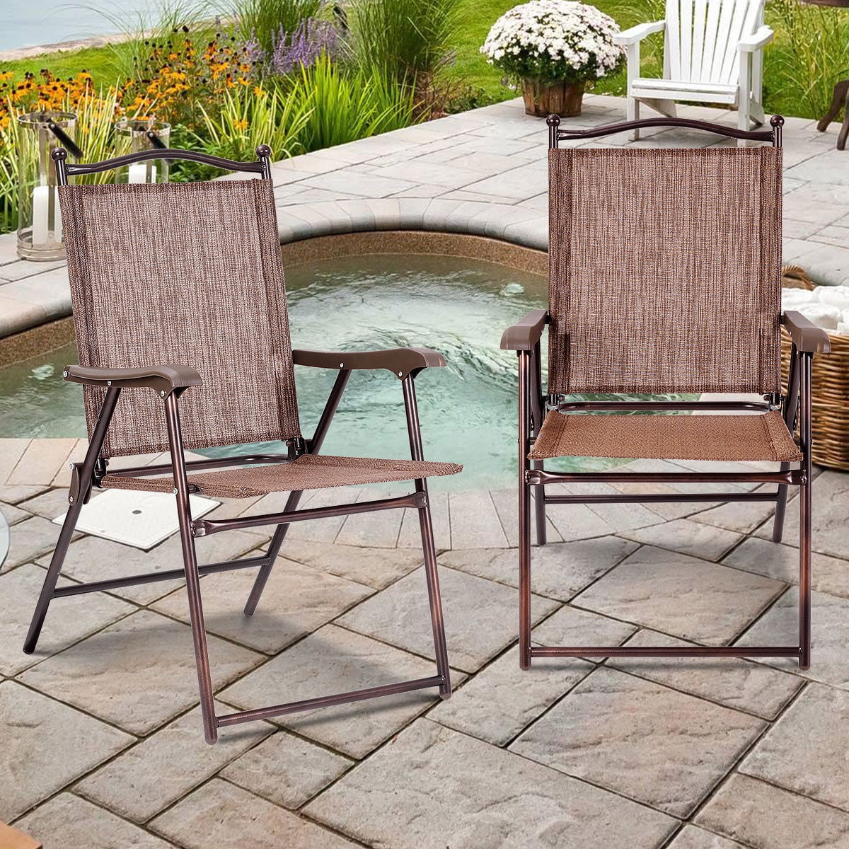 Gymax brown Set of 2 Folding Patio Furniture Sling Back Chairs Outdoors - Image 4
