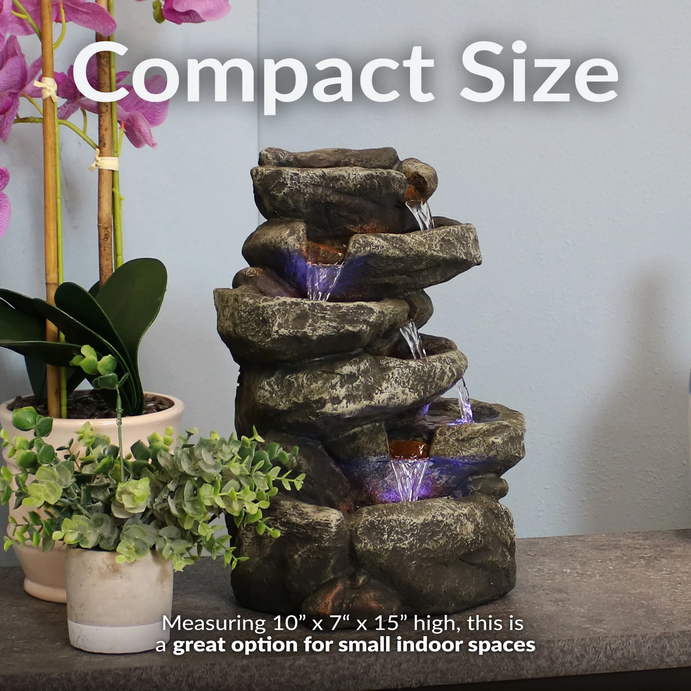 Sunnydaze Stone Falls Rustic Polyresin Gray Tabletop Fountain with LED Lights - Image 3