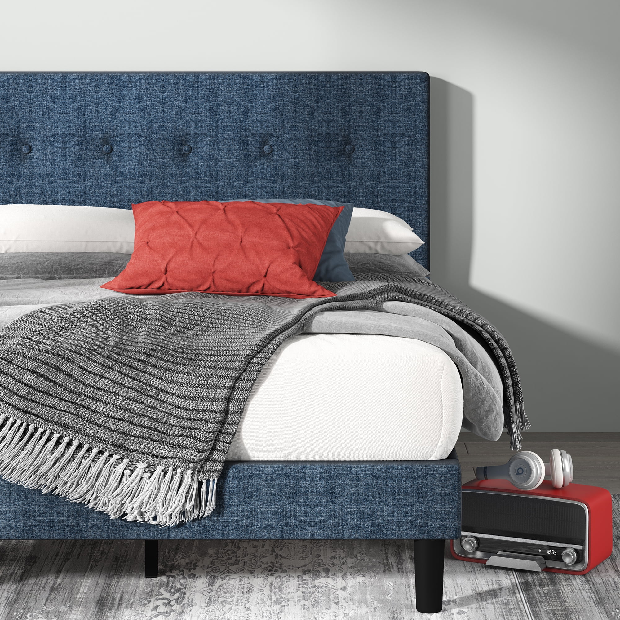 Zinus Omkaram 47" Upholstered Navy Platform Bed, Full - Image 2