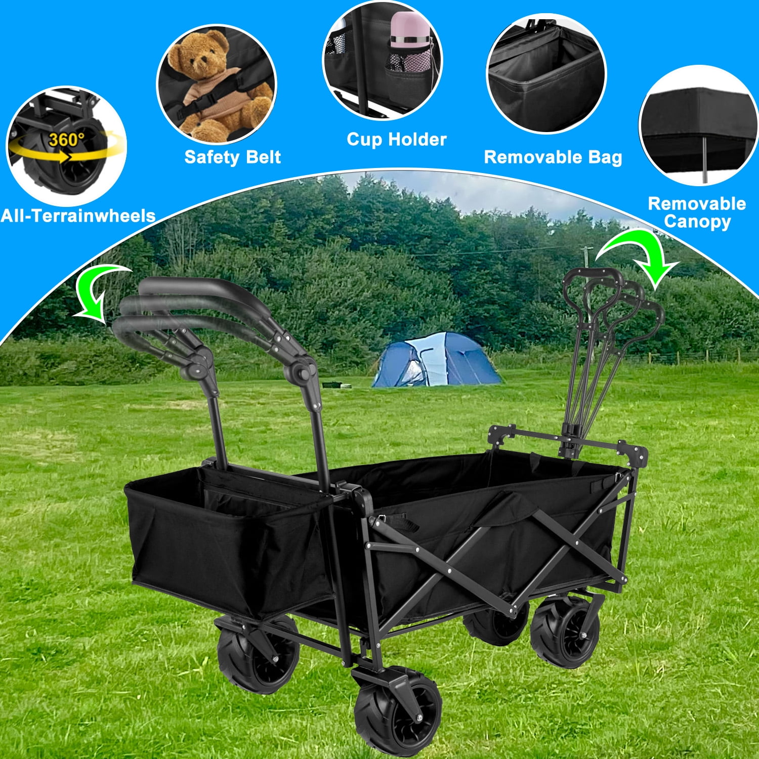 Folding Wagon Cart with Removable Canopy, All-Terrain Wheels,Utility Cart for Grocery, Garden, Shopping, Outdoor, Beach - Image 8