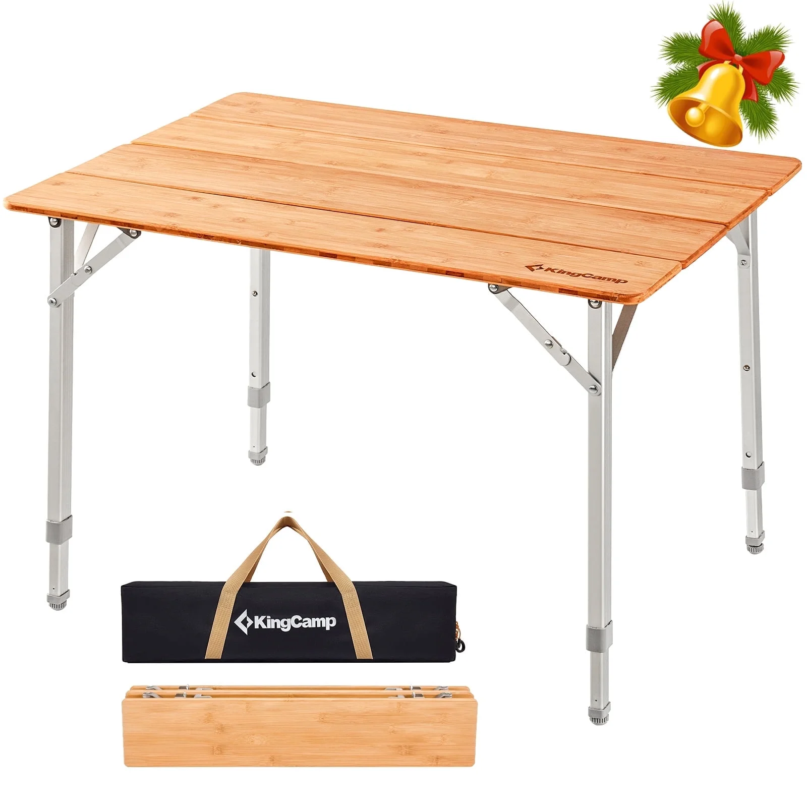 KingCamp Bamboo Camping Table Clearance Adjustable Height Folding Table for 1-2 People Outdoor and Indoor Support 176LBS Yellow - Image 2