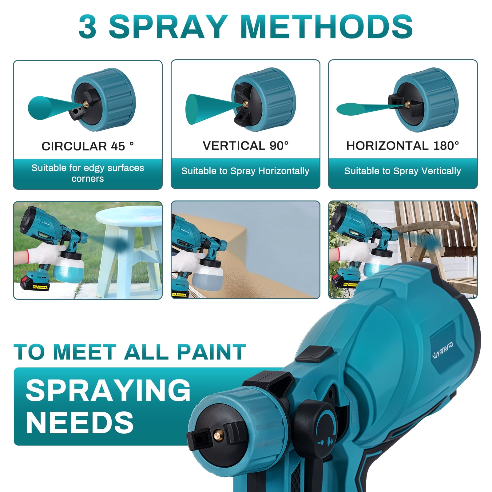 WYRAVIO Cordless Paint Sprayer, Electric HVLP Powerful Spray Gun with 3 Spray Patterns and Adjustable Valve Knob for Painting Ceiling, Fence, Cabinets, Walls - Image 5
