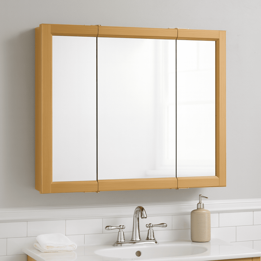 Design House 36" Wood Tri-View Wall Mount Bathroom Medicine Cabinet, Nutmeg Oak - Image 8